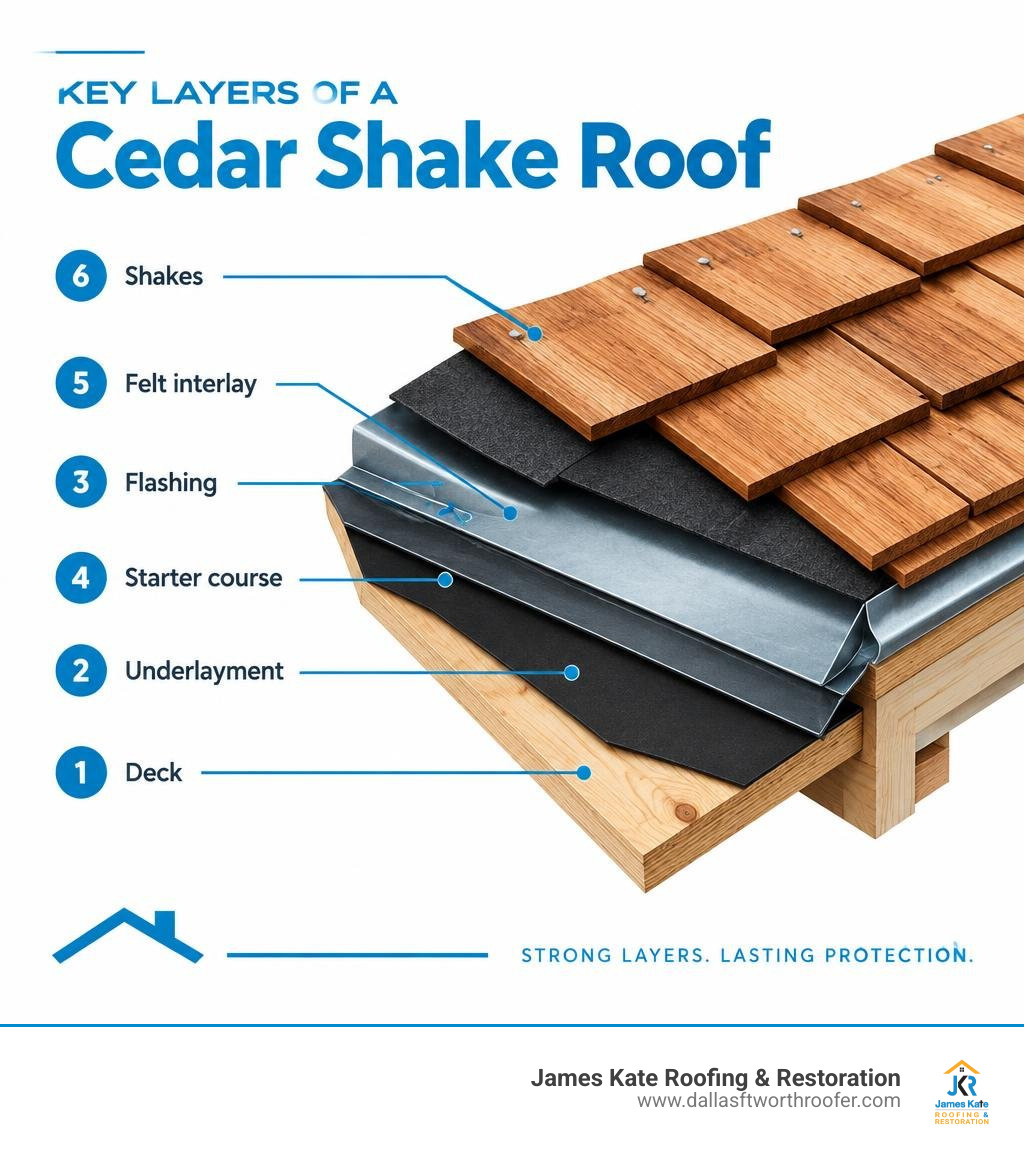 Key layers of a cedar shake roof: deck, underlayment, flashing, starter course, felt interlay, and shakes infographic Key layers of a cedar shake roof: deck, underlayment, flashing, starter course, felt interlay, and shakes infographic
