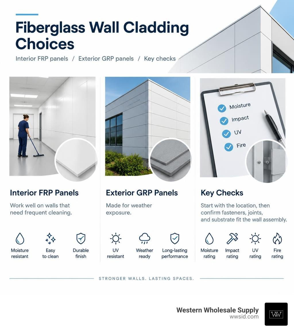 Fiberglass wall cladding choices: interior FRP panels, exterior GRP panels, and key checks infographic Fiberglass wall cladding choices: interior FRP panels, exterior GRP panels, and key checks infographic