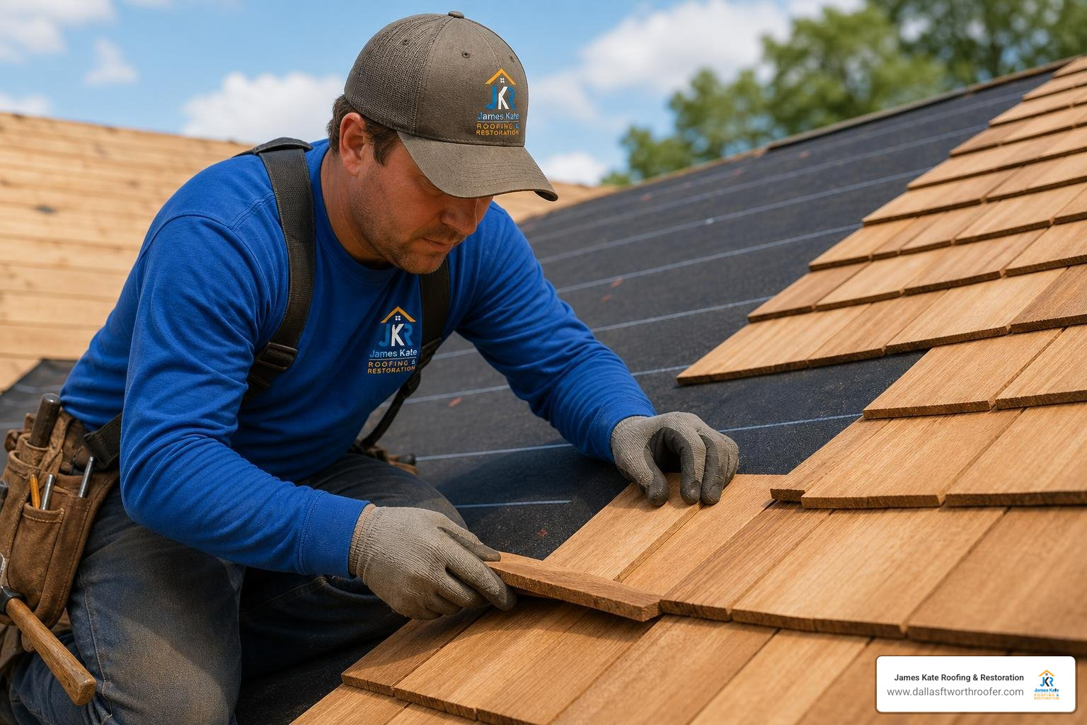 Craftsman laying field shakes with felt interlay on a residential roof Craftsman laying field shakes with felt interlay on a residential roof