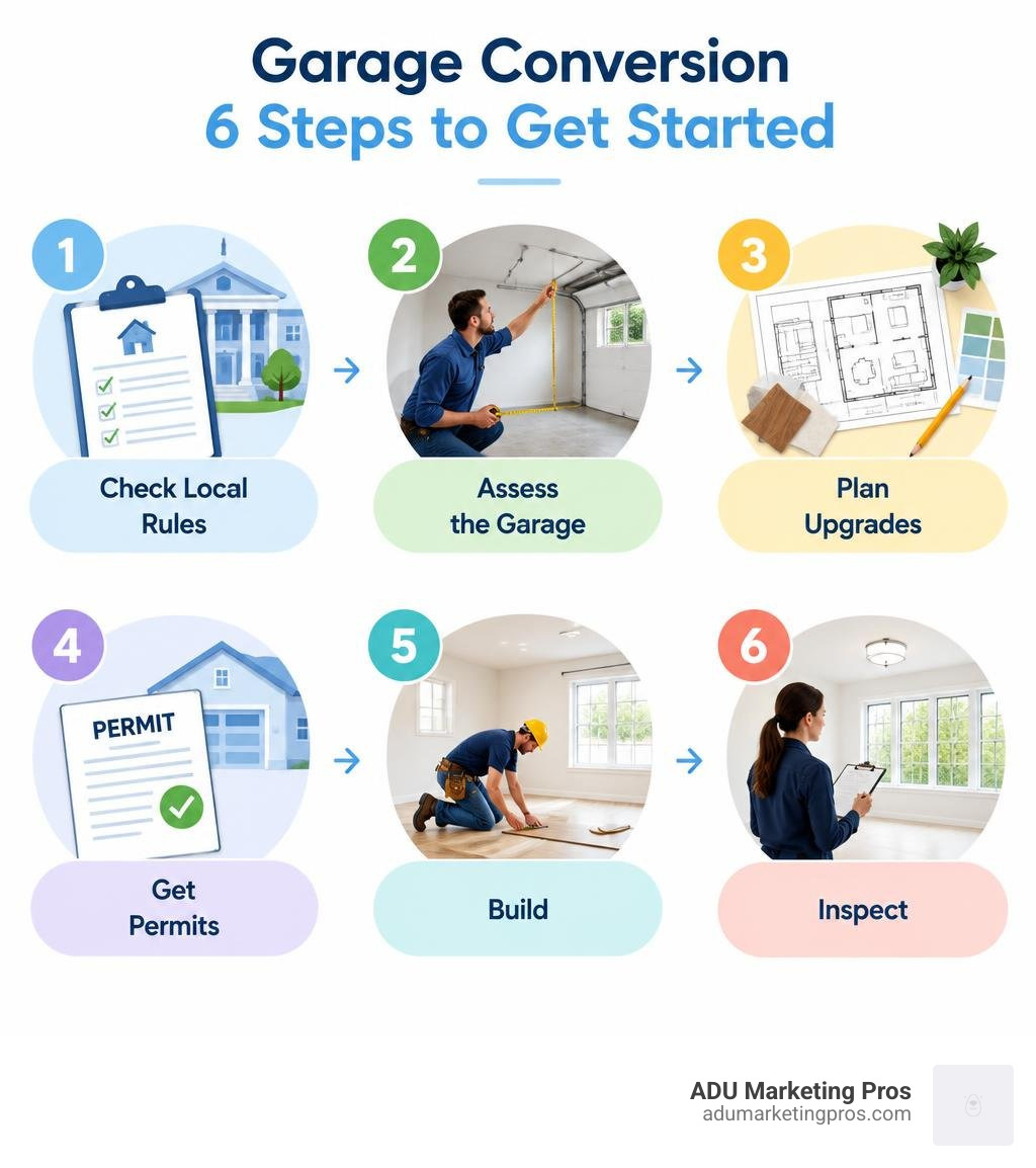 Infographic showing garage conversion steps: check local rules, assess the garage, plan upgrades, get permits, build, and