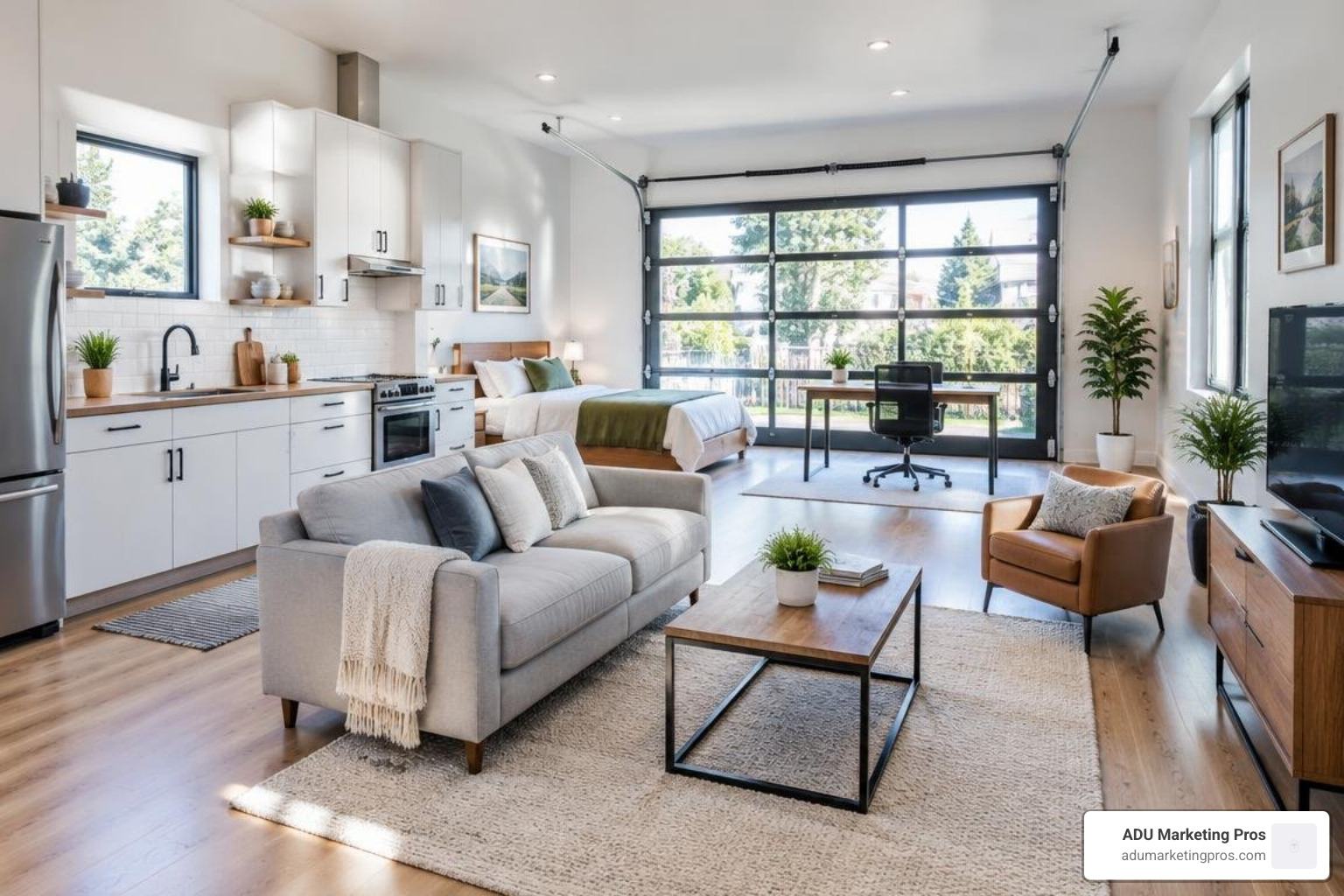 Bright, modern interior of a finished studio garage conversion
