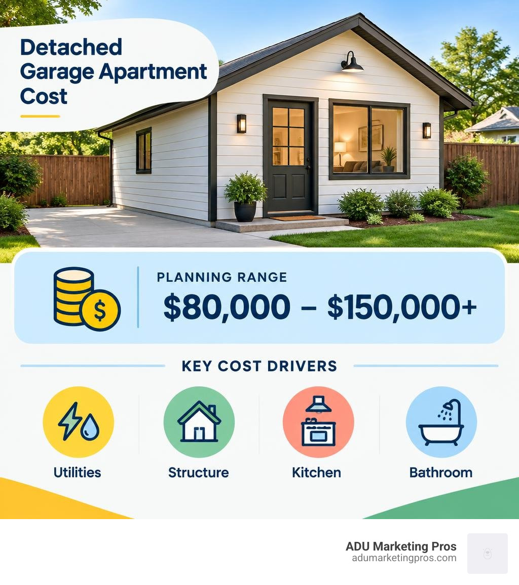 Detached garage apartment cost infographic showing an $80,000 to $150,000-plus planning range and key cost drivers