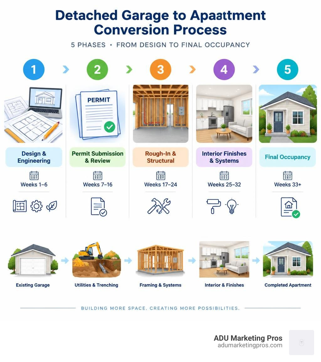 Timeline infographic showing the 5-phase conversion process from design through final occupancy infographic