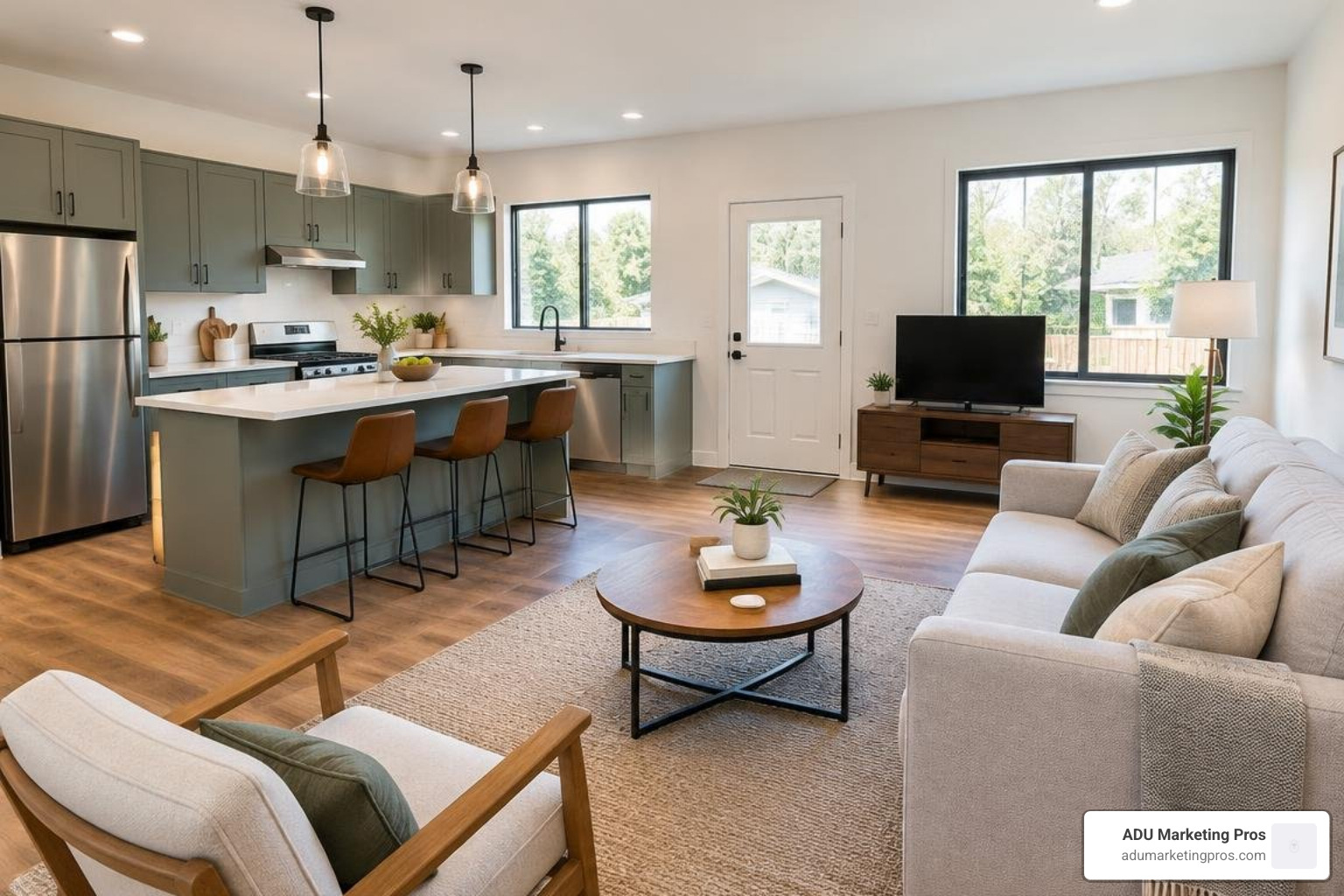 Modern interior of a detached garage conversion showing an open-plan kitchen and living room