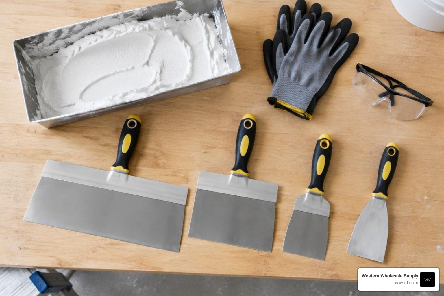 Essential drywall taping knives, mud pans, and safety gear arranged for a repair job Essential drywall taping knives, mud pans, and safety gear arranged for a repair job