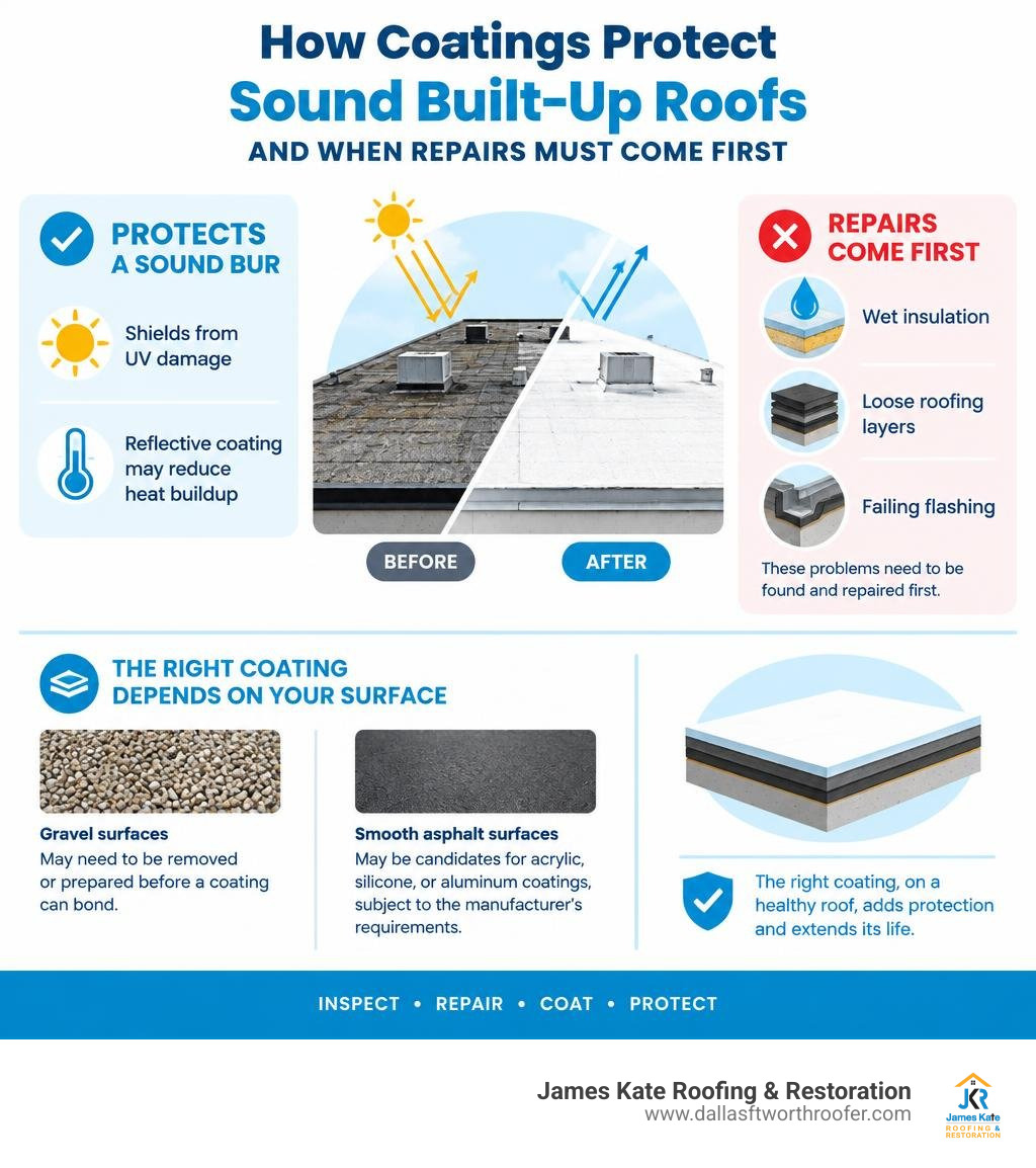 How coatings protect sound built-up roofs and when repairs must come first infographic How coatings protect sound built-up roofs and when repairs must come first infographic