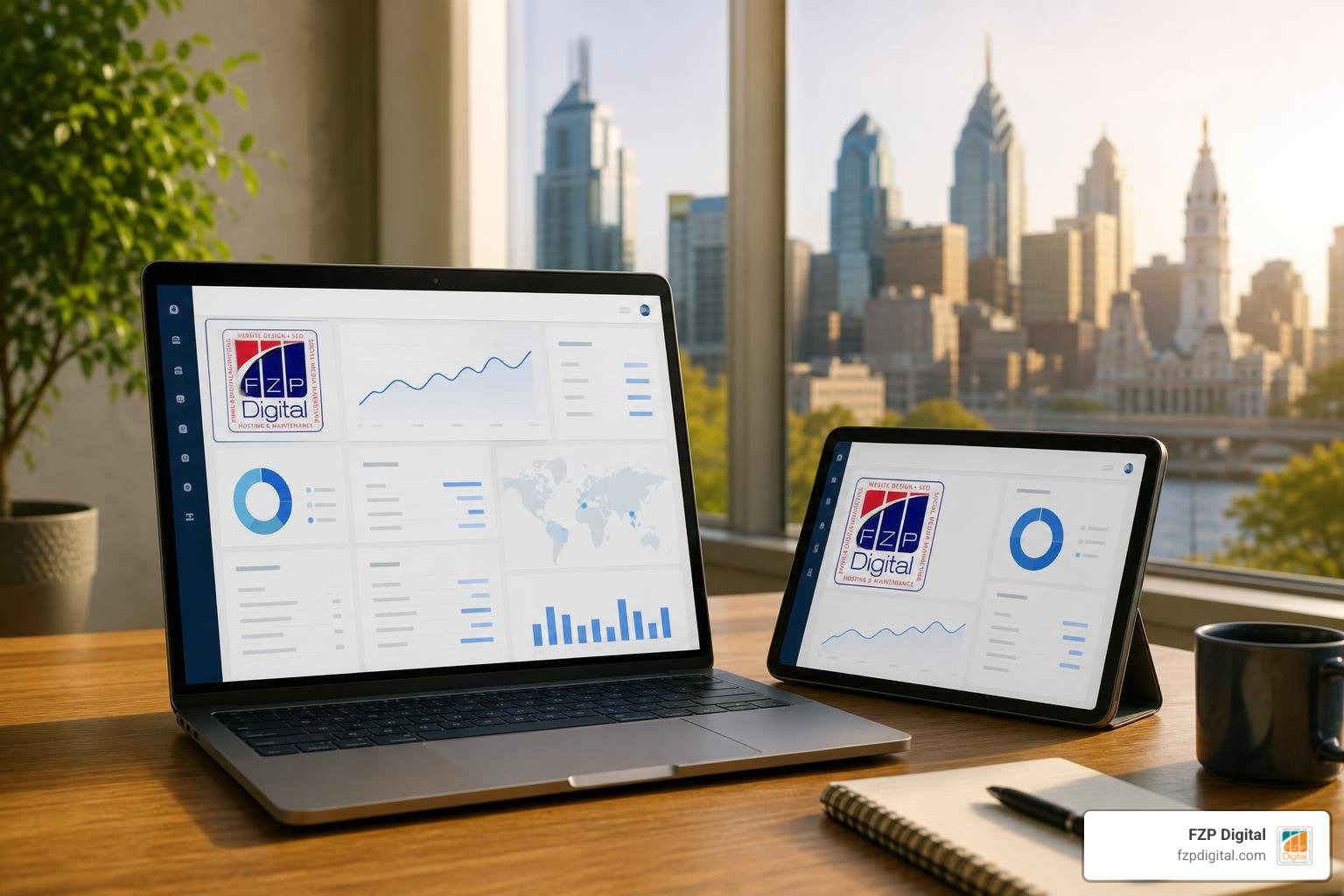 Photorealistic web design dashboard with FZP Digital logo and Philadelphia skyline
