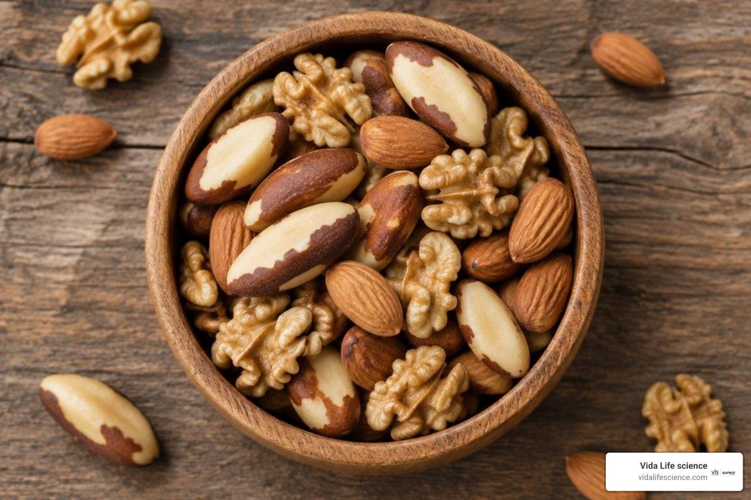 Brazil nuts and mixed tree nuts in a wooden bowl Brazil nuts and mixed tree nuts in a wooden bowl