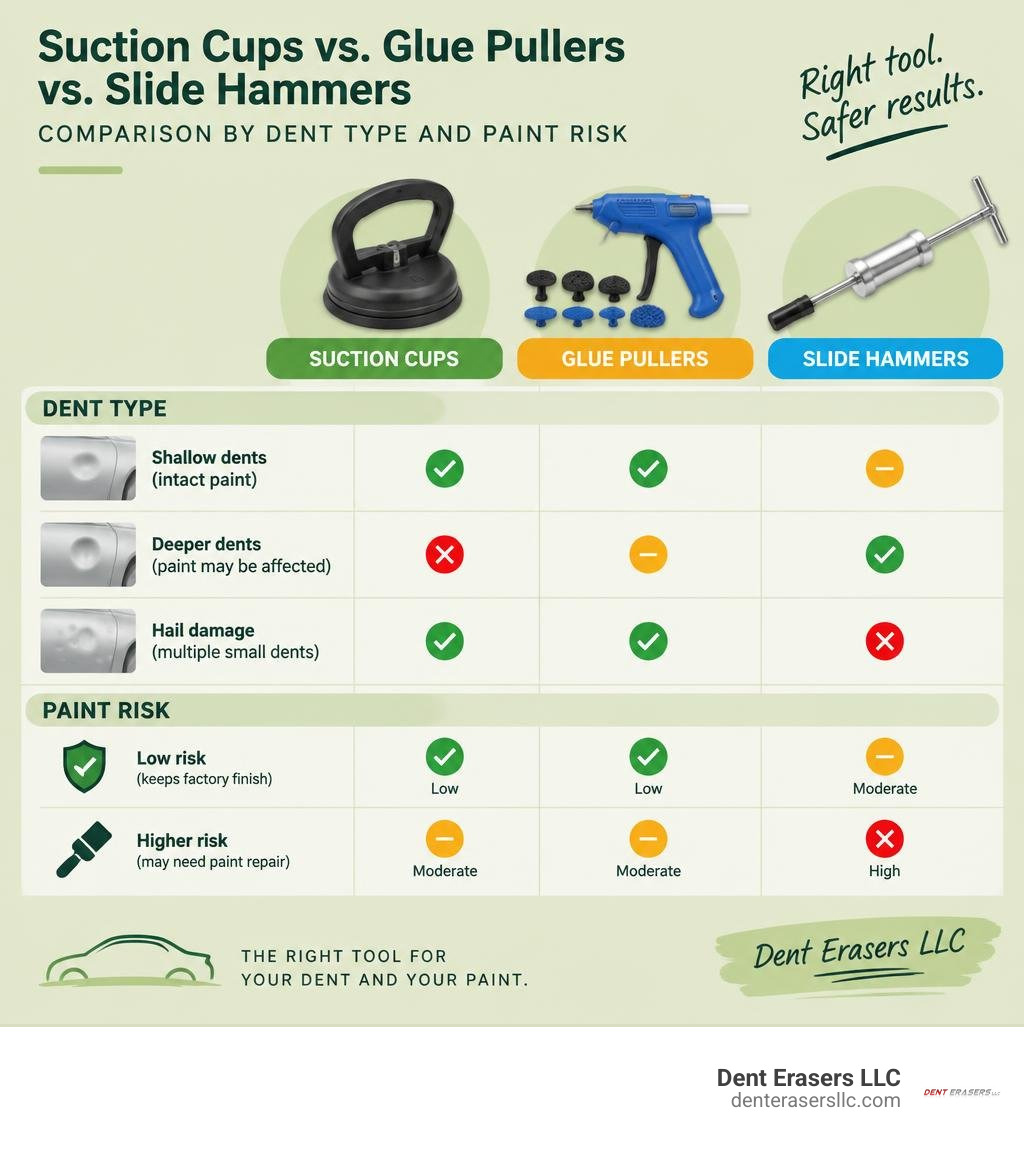 Comparison of suction cups, glue pullers, and slide hammers by dent type and paint risk infographic Comparison Of Suction Cups, Glue Pullers, And Slide Hammers By Dent Type And Paint Risk Infographic