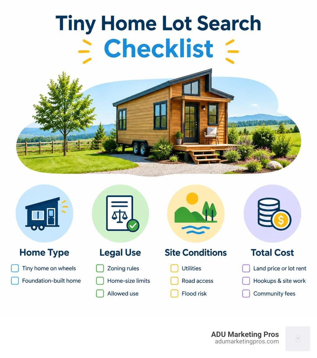 Tiny home lot search checklist: home type, legal use, site conditions, and total cost infographic