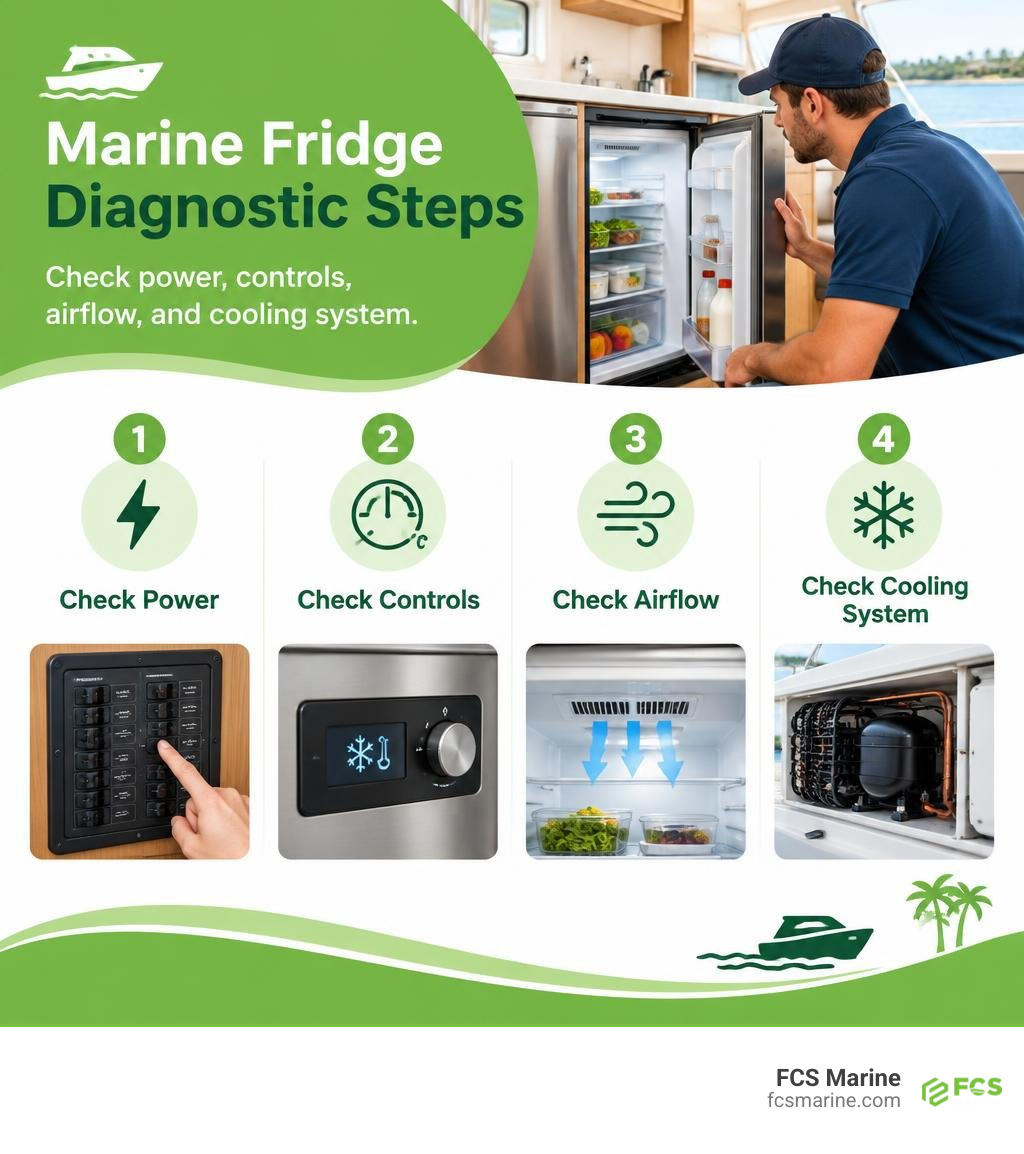 Marine fridge diagnostic steps: check power, controls, airflow, and cooling system infographic