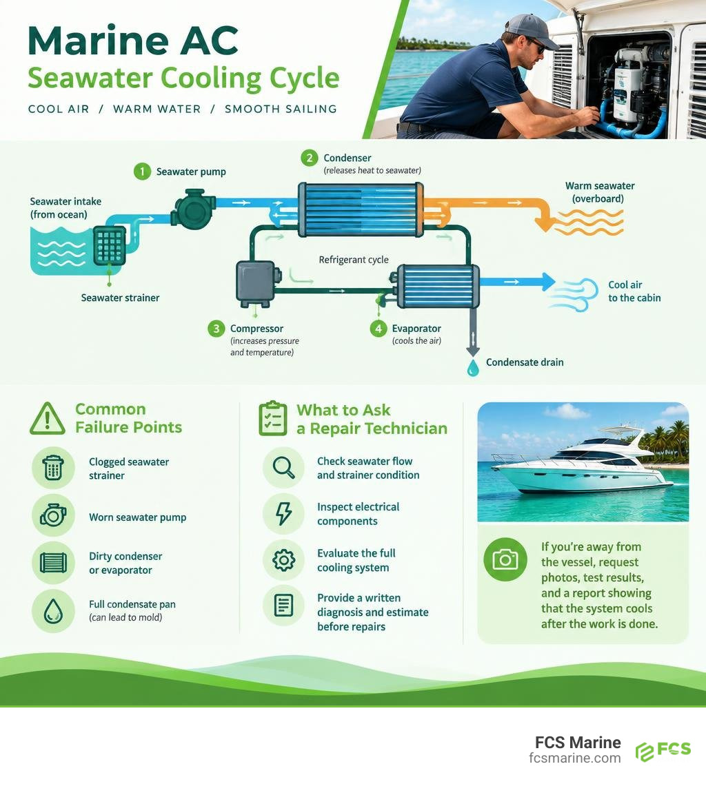 Marine AC seawater cooling cycle, common failure points, and what to ask a repair technician infographic