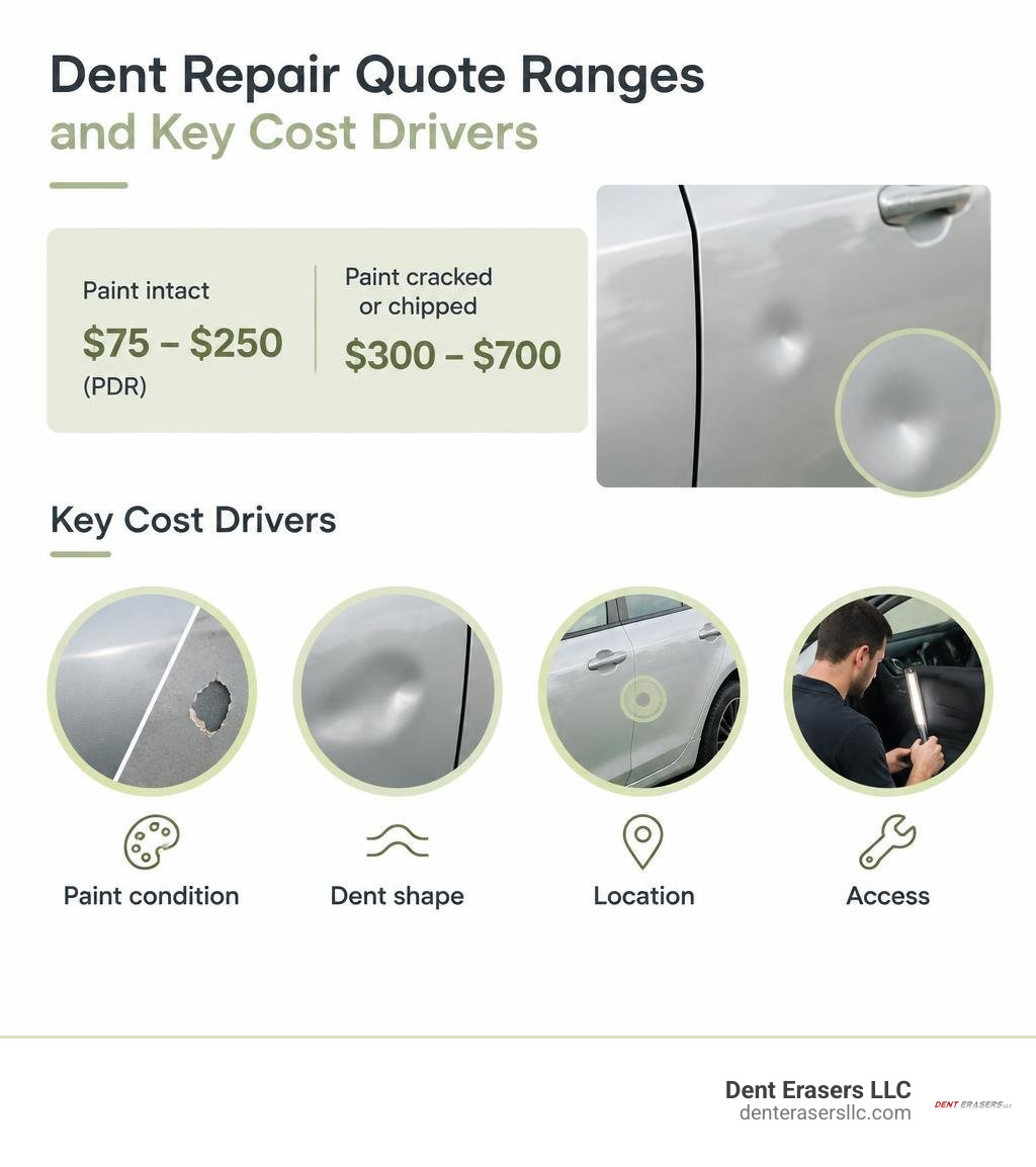 Dent repair quote ranges and key cost drivers: paint condition, dent shape, location, and access infographic Dent Repair Quote Ranges And Key Cost Drivers: Paint Condition, Dent Shape, Location, And Access Infographic