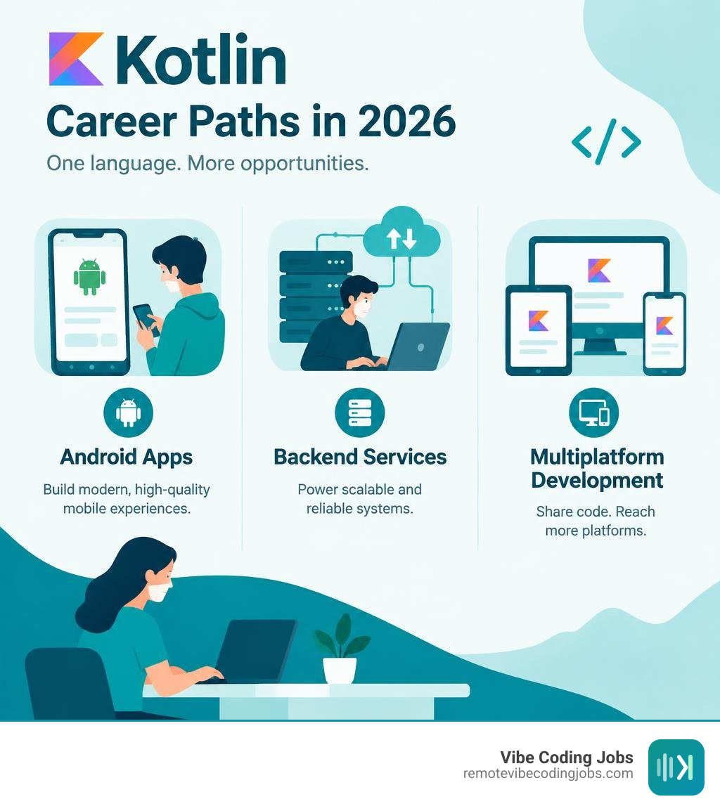 Kotlin career paths in 2026: Android apps, backend services, and multiplatform development infographic