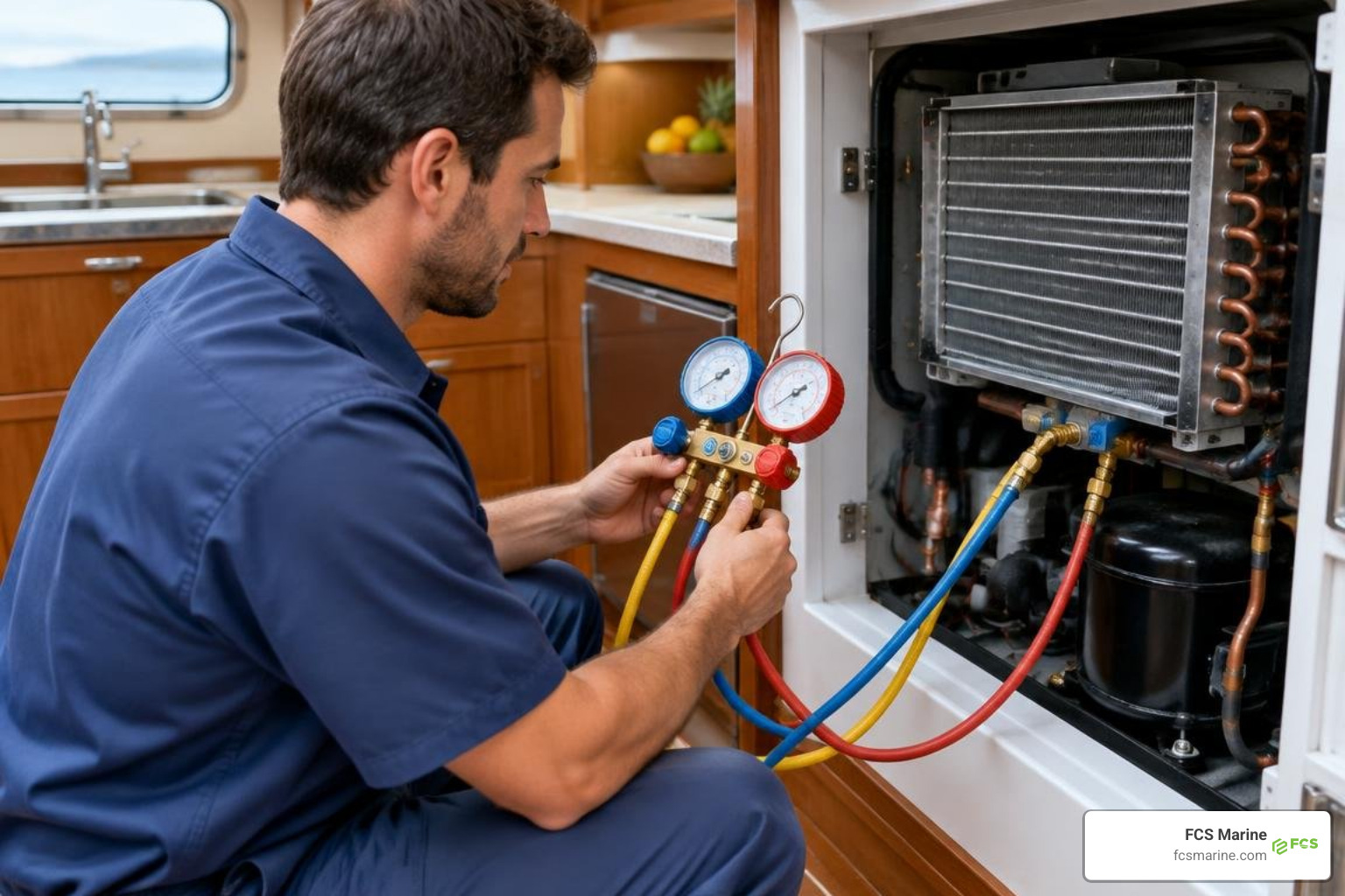 marine technician testing evaporator pressure