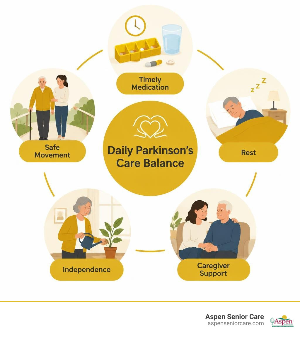 Daily Parkinson's care balance: timely medication, safe movement, rest, independence, and caregiver support infographic