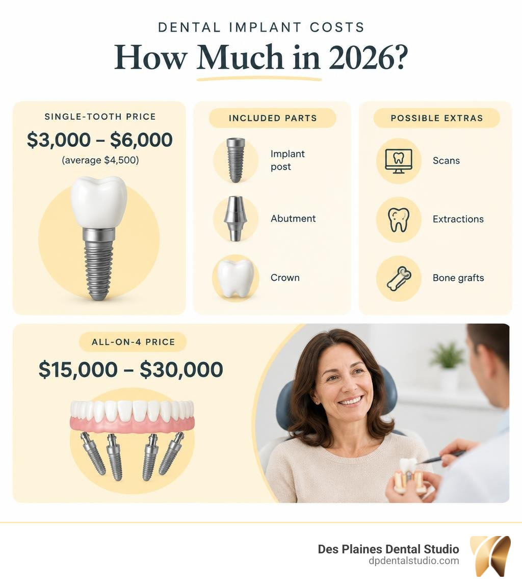 2026 dental implant costs: single-tooth price, included parts, possible extras, and All-on-4 price infographic