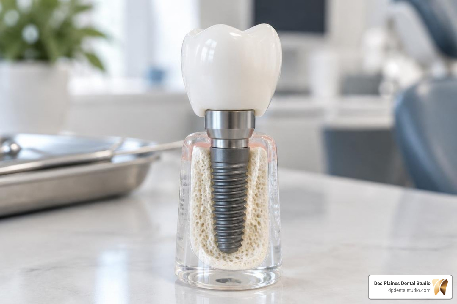 Single-tooth implant anatomy showing crown, abutment, and titanium fixture