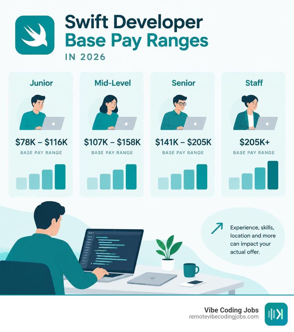 2026 Swift developer base pay ranges for junior, mid-level, senior, and staff roles infographic 2026 Swift developer base pay ranges for junior, mid-level, senior, and staff roles infographic