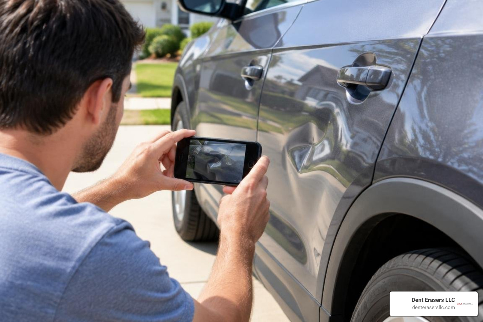 car owner taking angled smartphone photos of exterior damage Car Owner Taking Angled Smartphone Photos Of Exterior Damage
