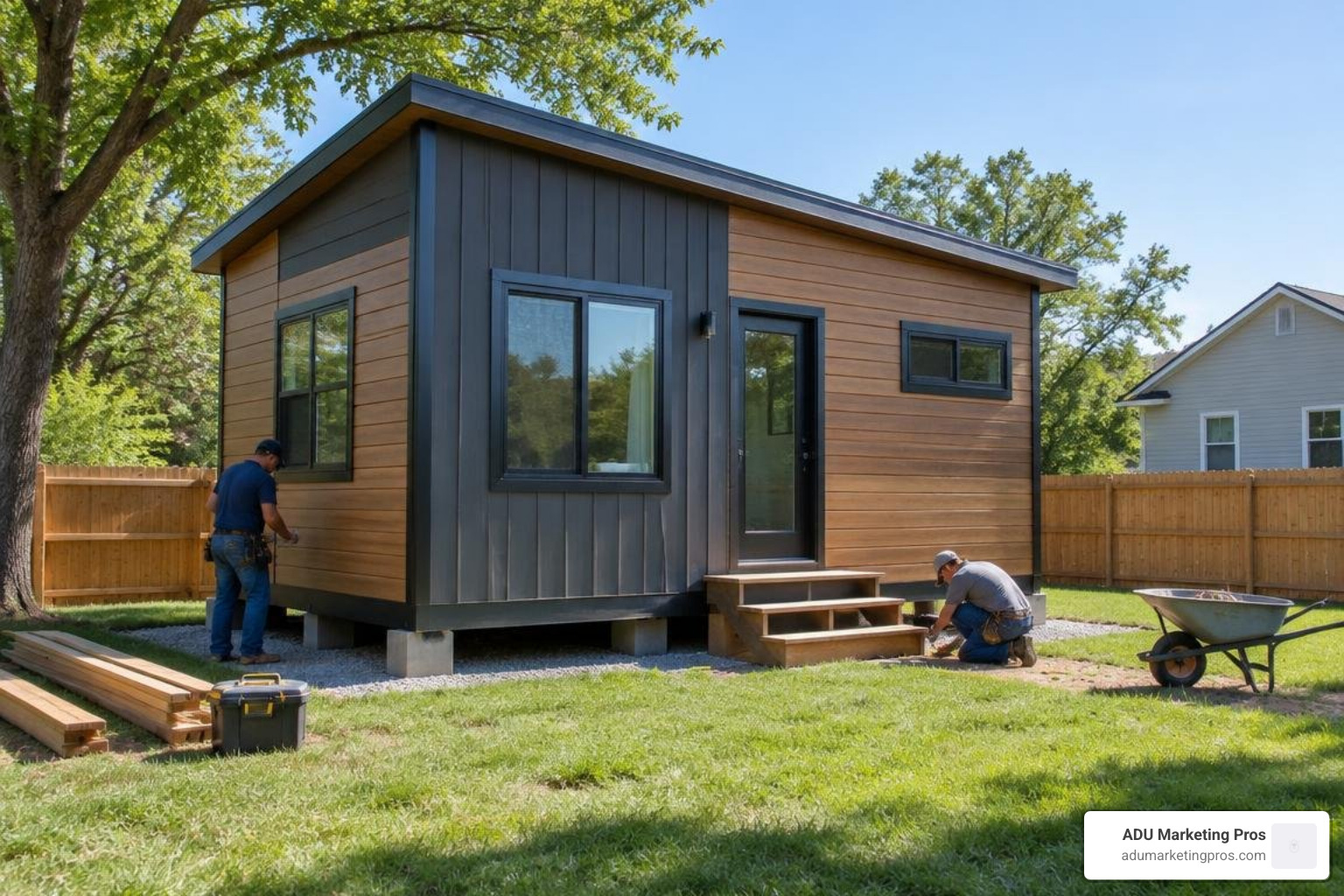 Backyard tiny home accessory dwelling unit installation