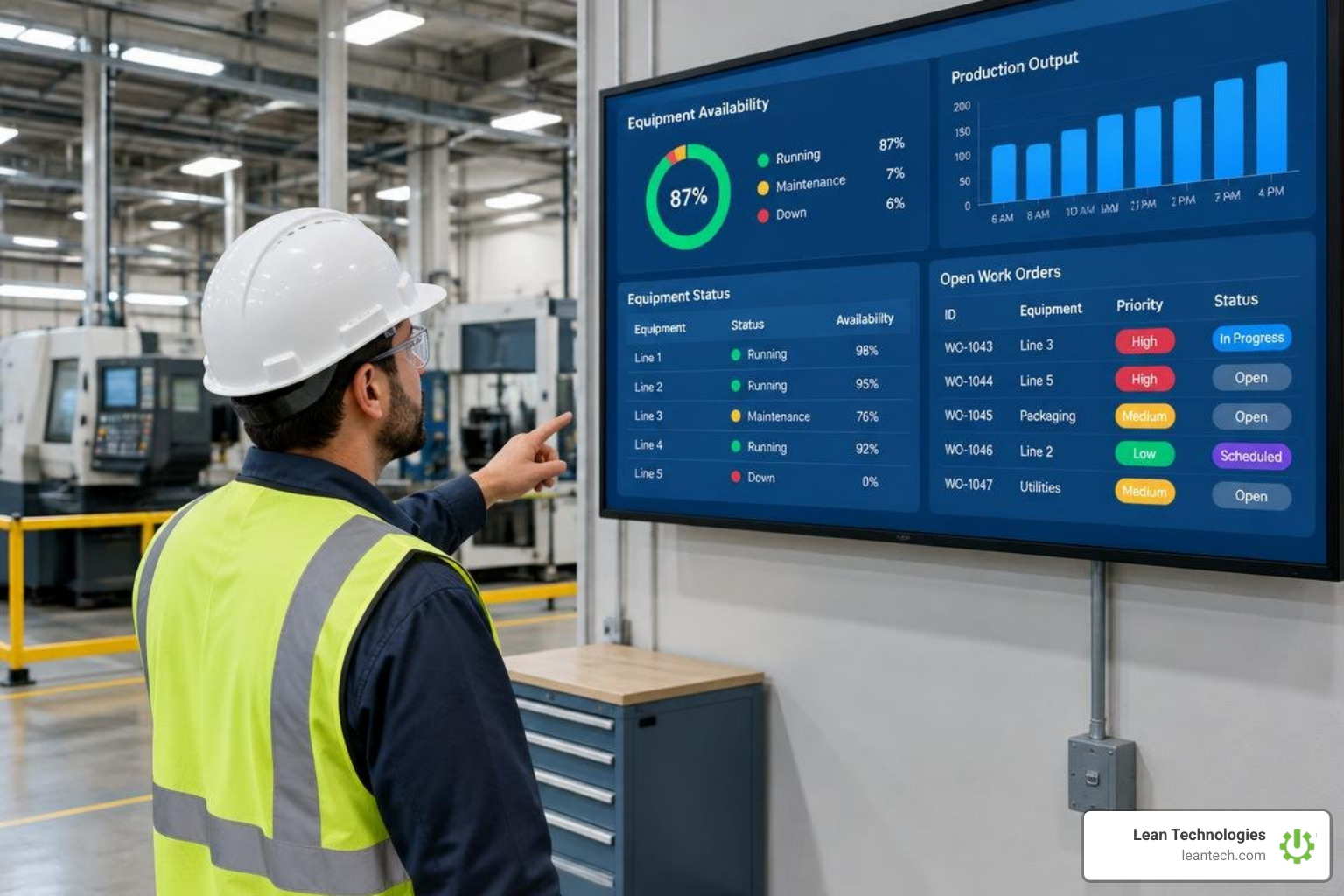 maintenance and production tracking screen showing equipment availability and open work orders
