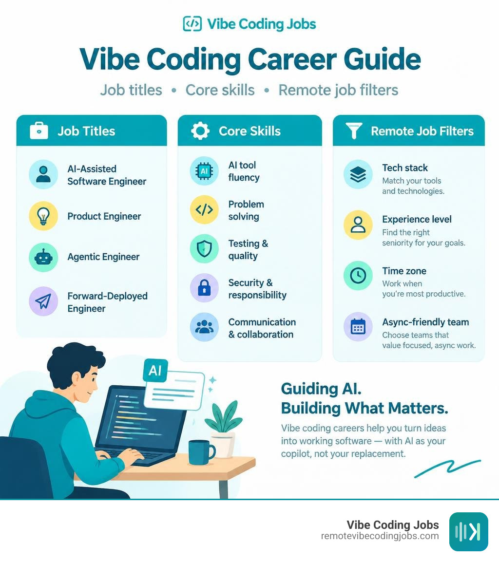 Vibe coding career guide showing job titles, core skills, and remote job filters infographic
