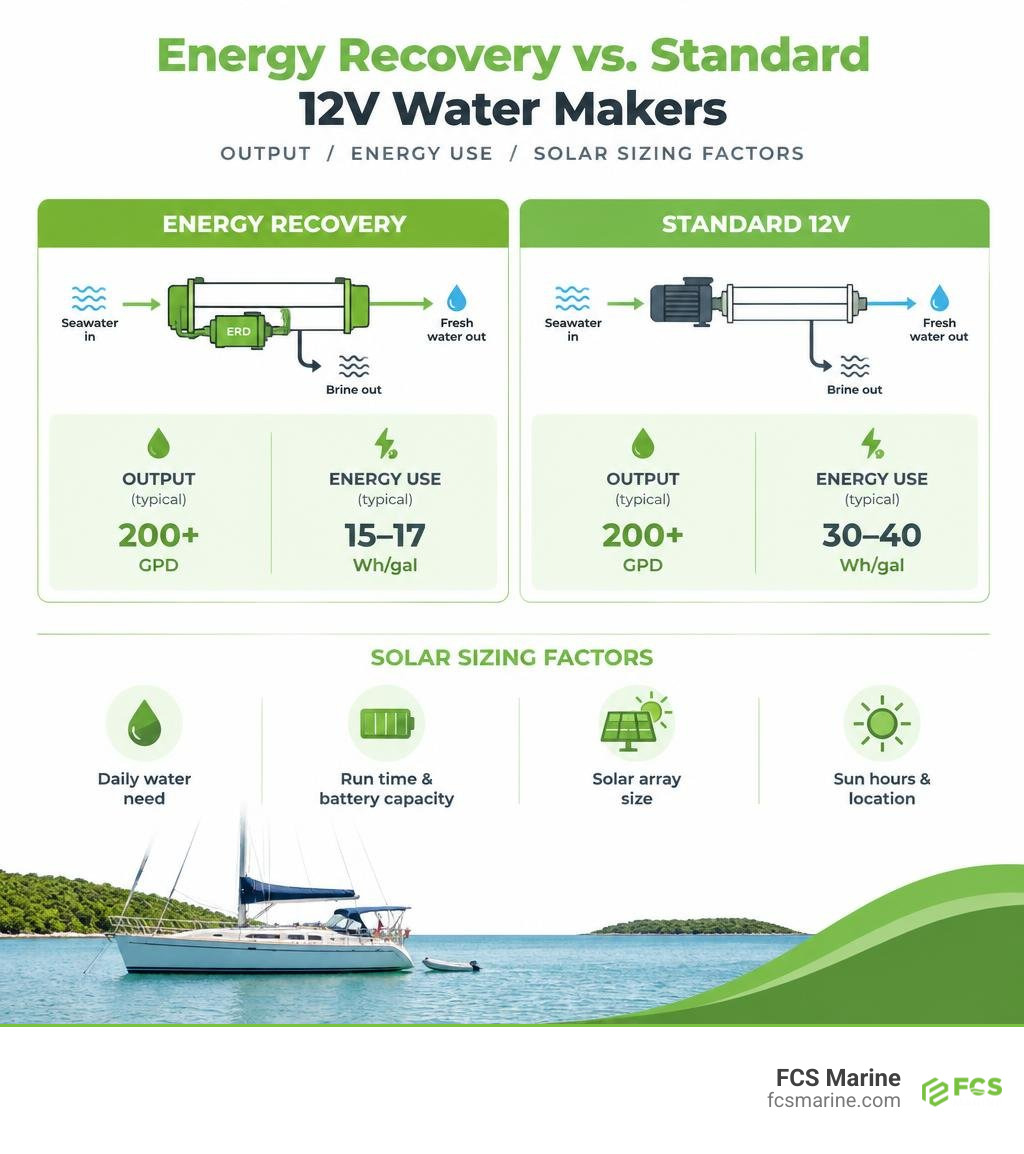 Energy recovery versus standard 12V water makers: output, energy use, and solar sizing factors infographic