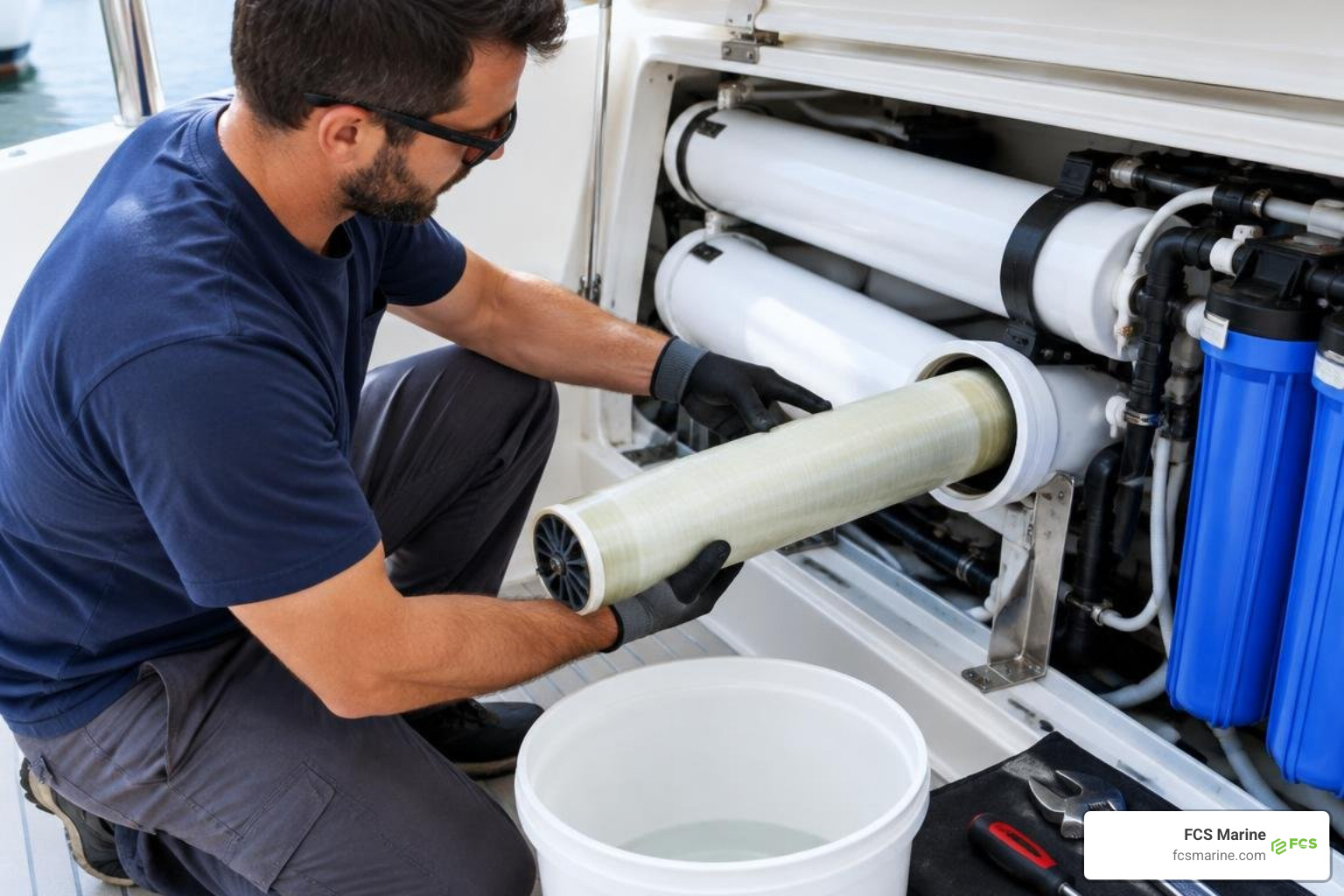 technician servicing and cleaning marine reverse osmosis membranes