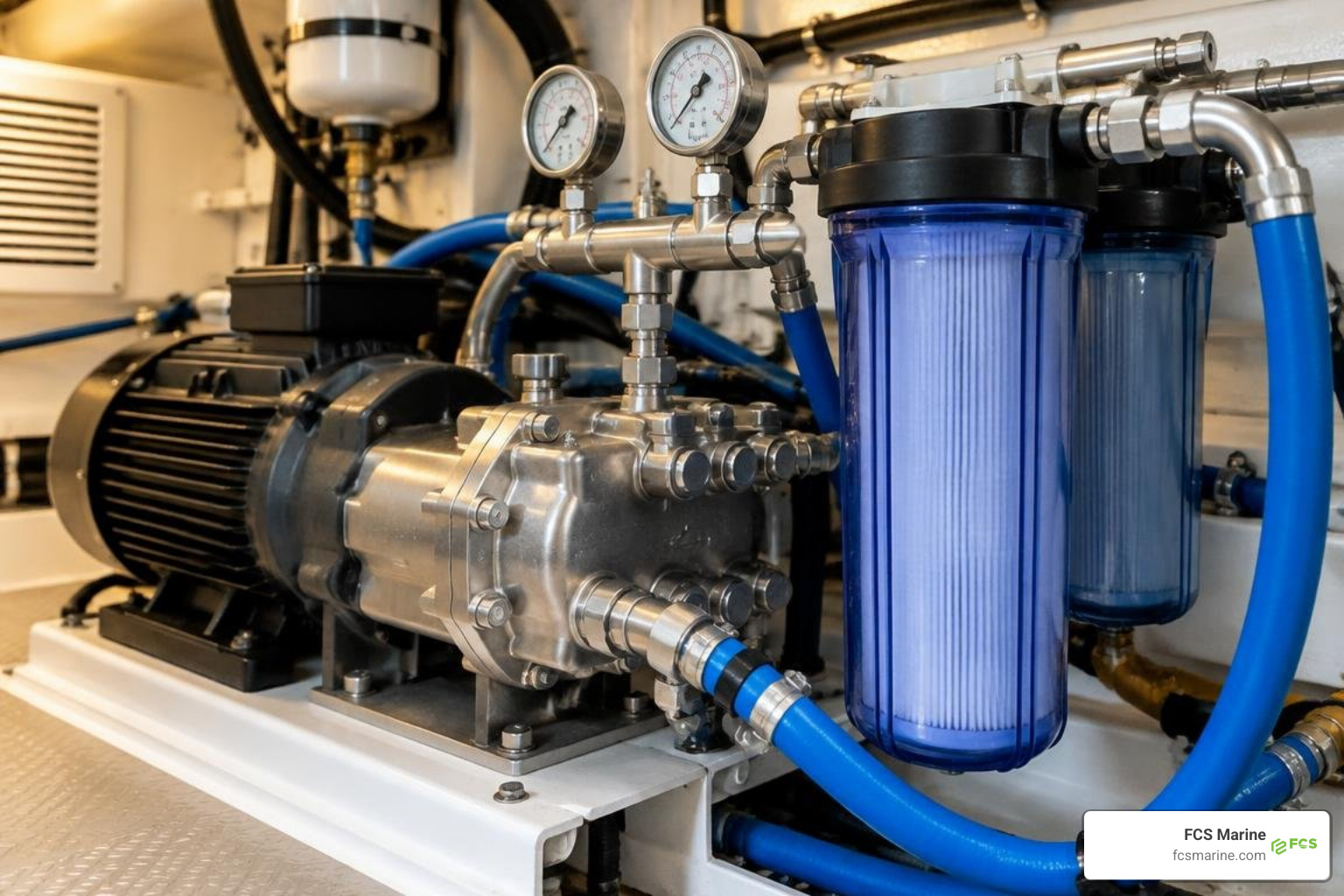 marine watermaker high-pressure pump and filter assembly