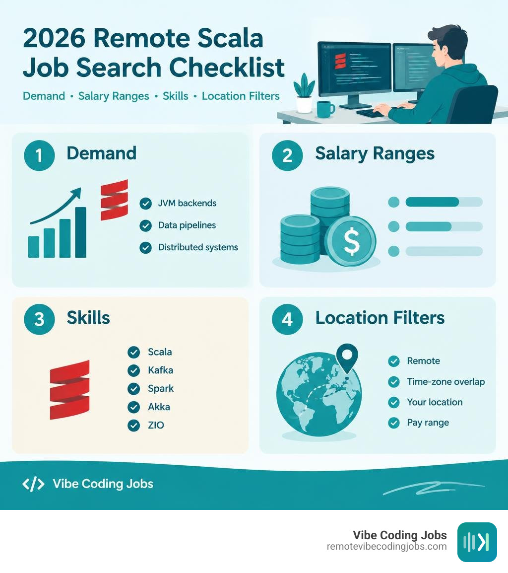 2026 remote Scala job search checklist with demand, salary ranges, skills, and location filters infographic