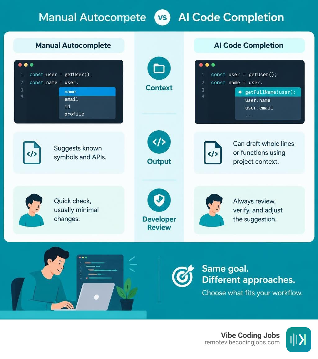 Comparison of manual autocomplete and AI code completion, including context, output, and developer review infographic Comparison of manual autocomplete and AI code completion, including context, output, and developer review infographic