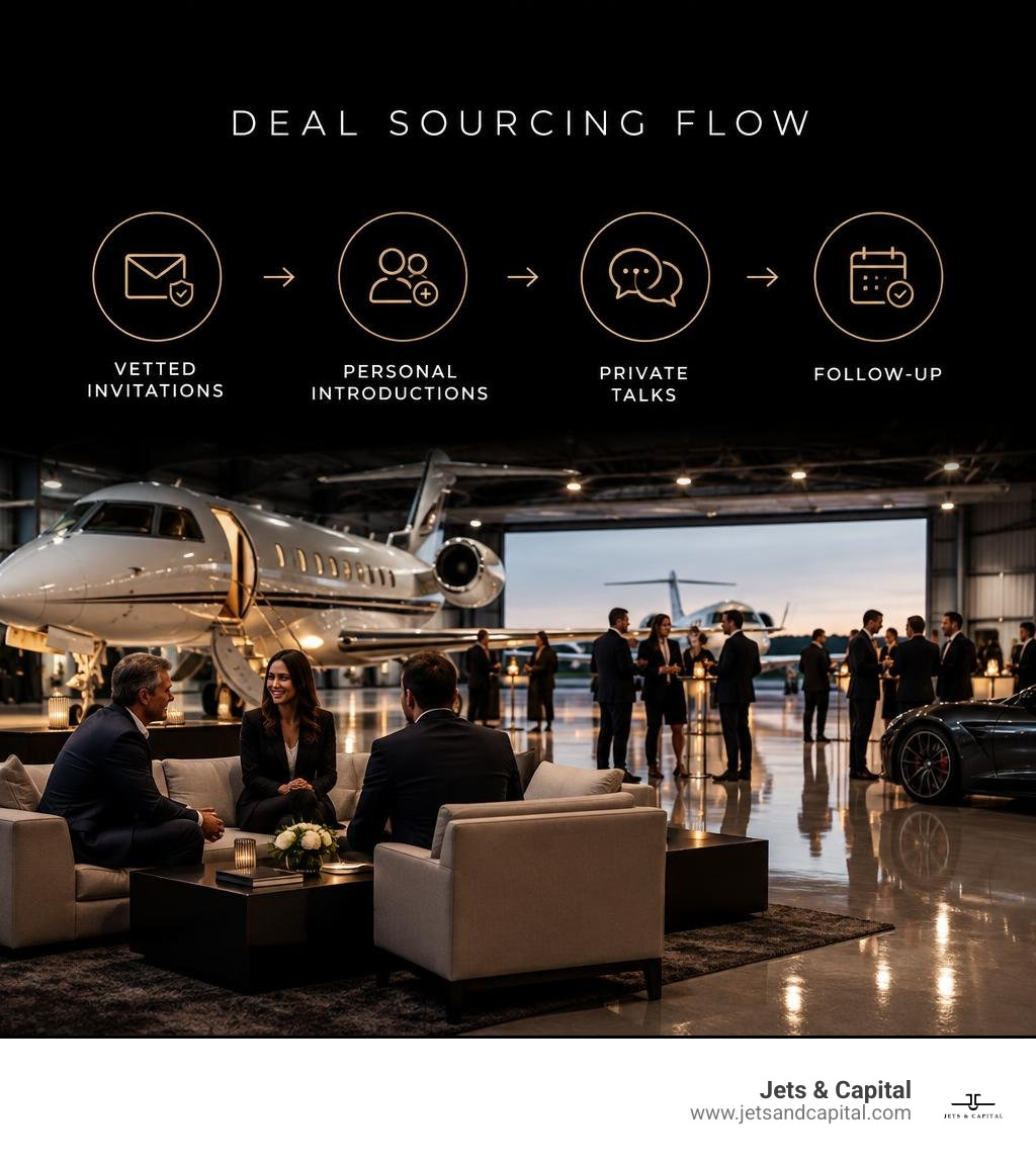 Deal sourcing flow: vetted invitations, personal introductions, private talks, and follow-up infographic Deal sourcing flow: vetted invitations, personal introductions, private talks, and follow-up infographic