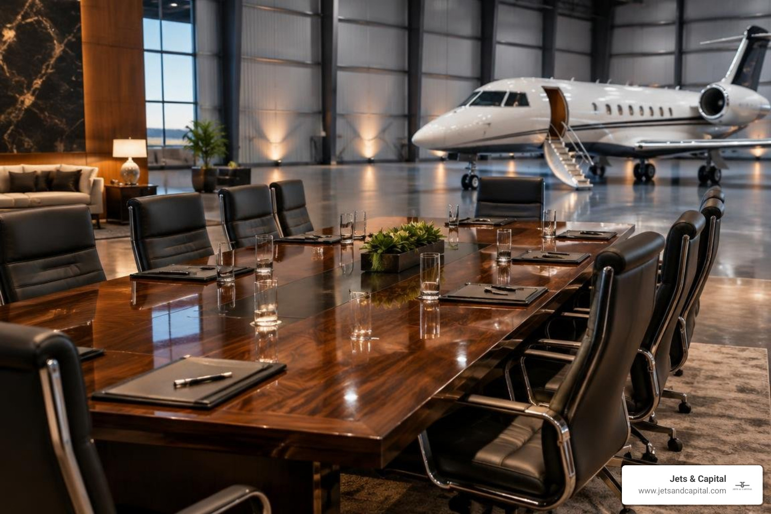 private boardroom setup inside a luxury hangar private boardroom setup inside a luxury hangar