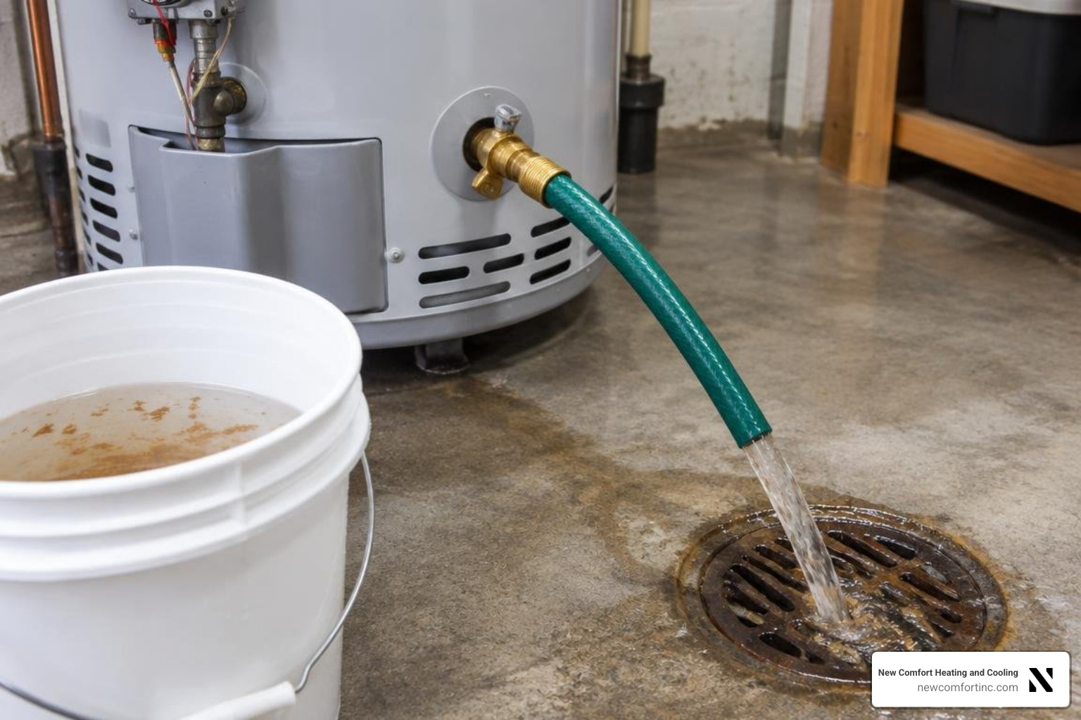 Connecting a garden hose to the water heater drain valve for sediment flushing Connecting a garden hose to the water heater drain valve for sediment flushing