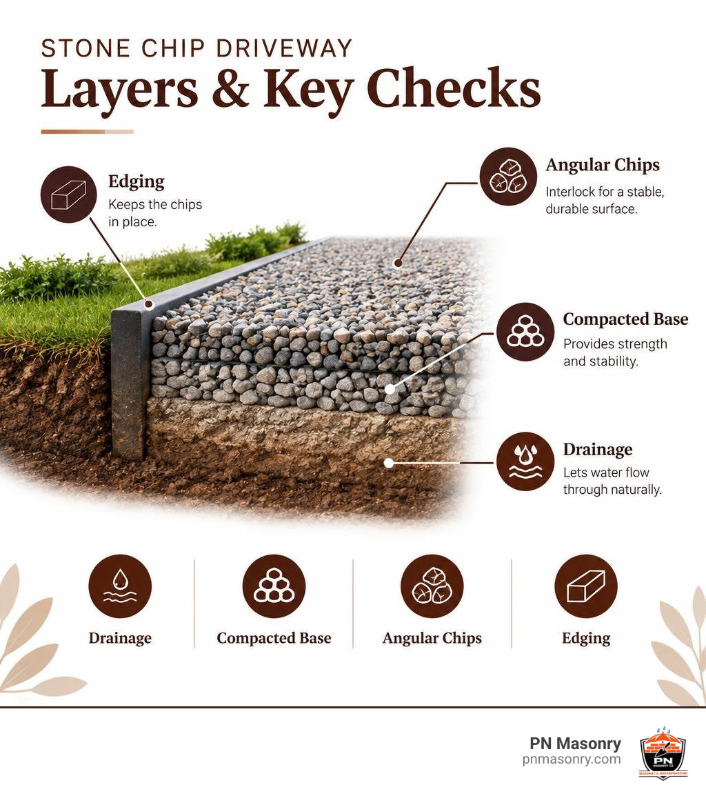 Stone chip driveway layers and key checks: drainage, compacted base, angular chips, and edging infographic Stone chip driveway layers and key checks: drainage, compacted base, angular chips, and edging infographic