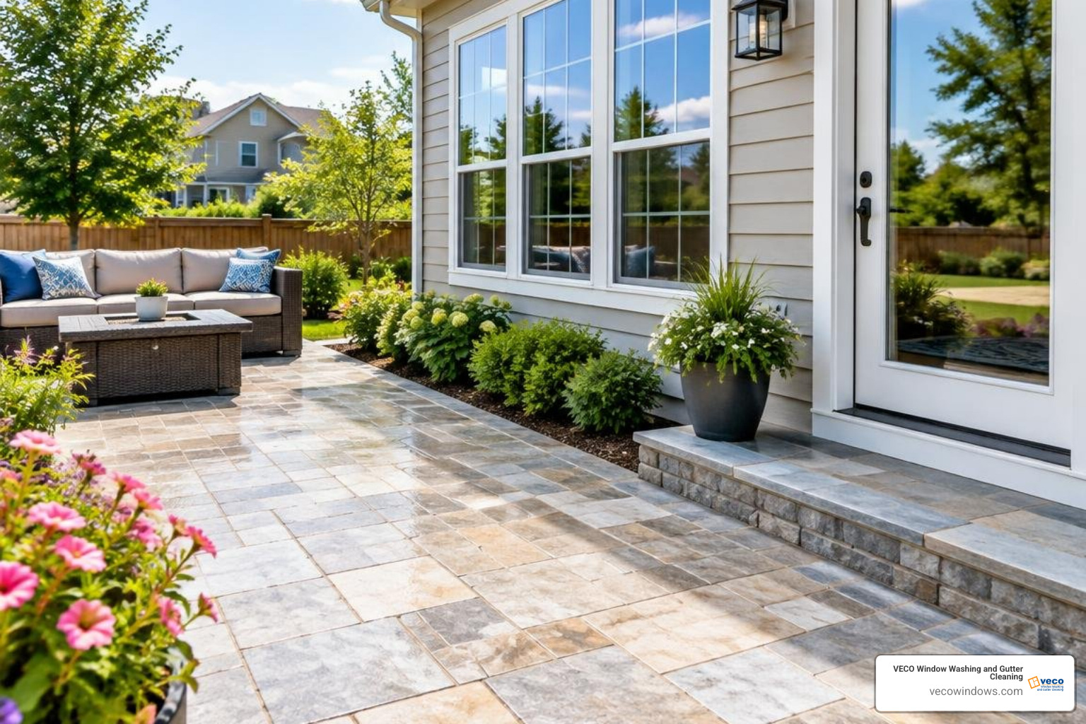 Sparkling clean stone outdoor patio with clear sills in sunny suburban backyard