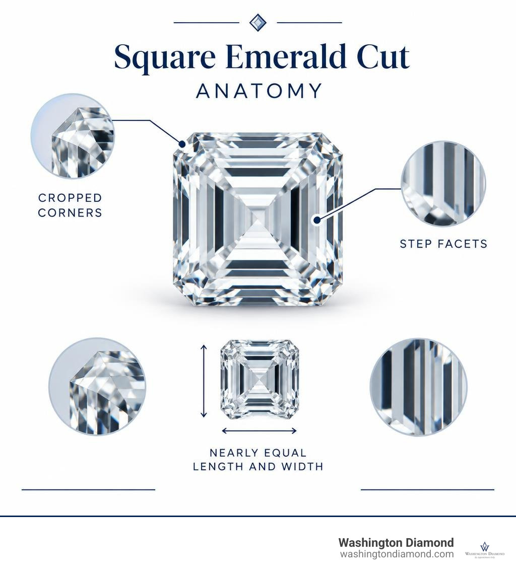 Square emerald cut anatomy: cropped corners, step facets, and nearly equal length and width infographic