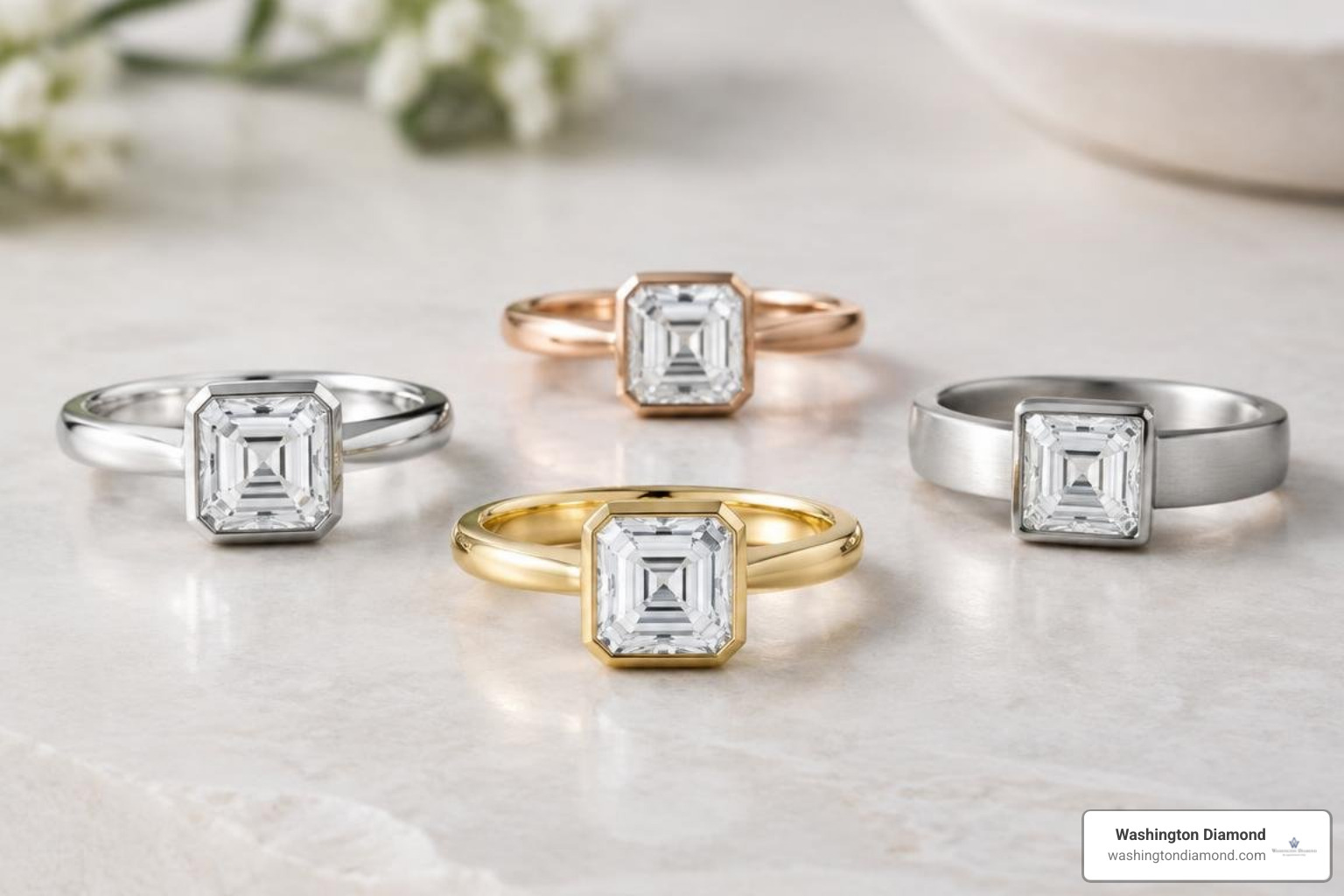 modern bezel and solitaire ring settings for square step cut diamonds