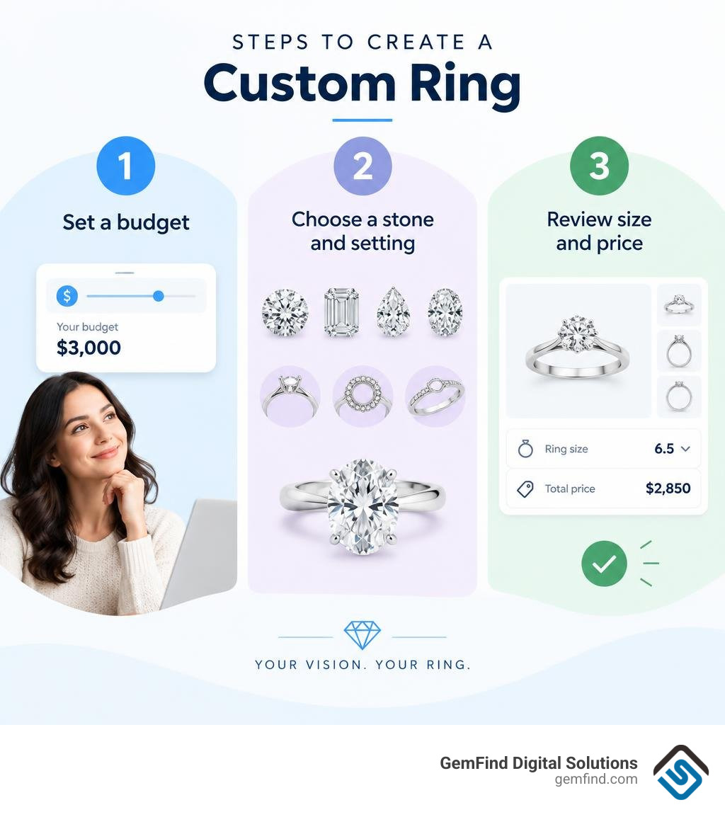 Steps to create a custom ring: set a budget, choose a stone and setting, review size and price infographic