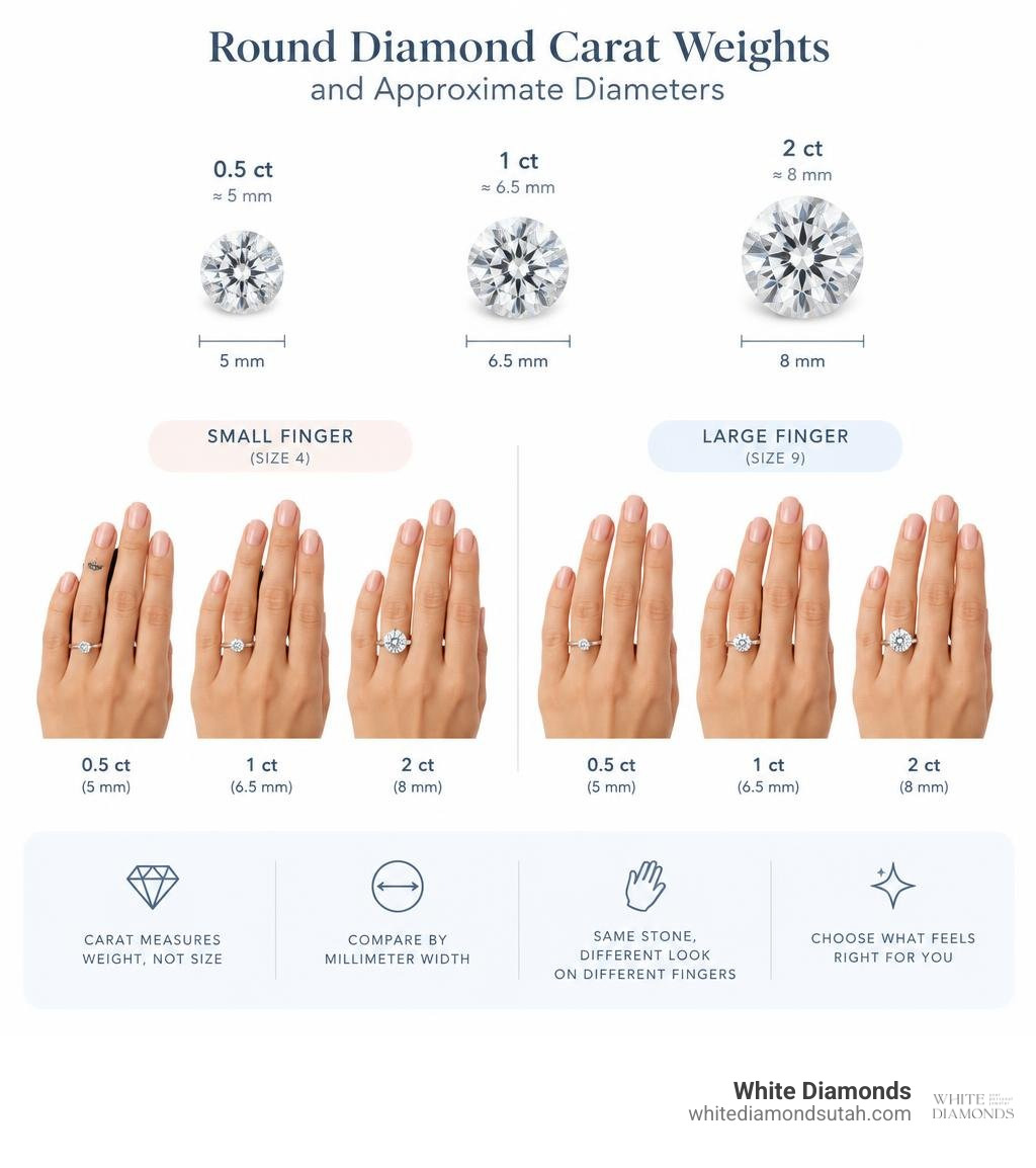 Round diamond carat weights and approximate diameters compared on small and large fingers infographic Round diamond carat weights and approximate diameters compared on small and large fingers infographic