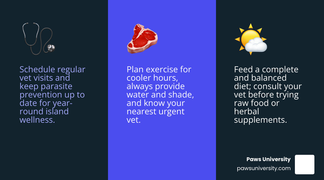 Checklist of Hawaii dog wellness essentials: vet care, balanced food, heat safety, exercise, and training infographic
