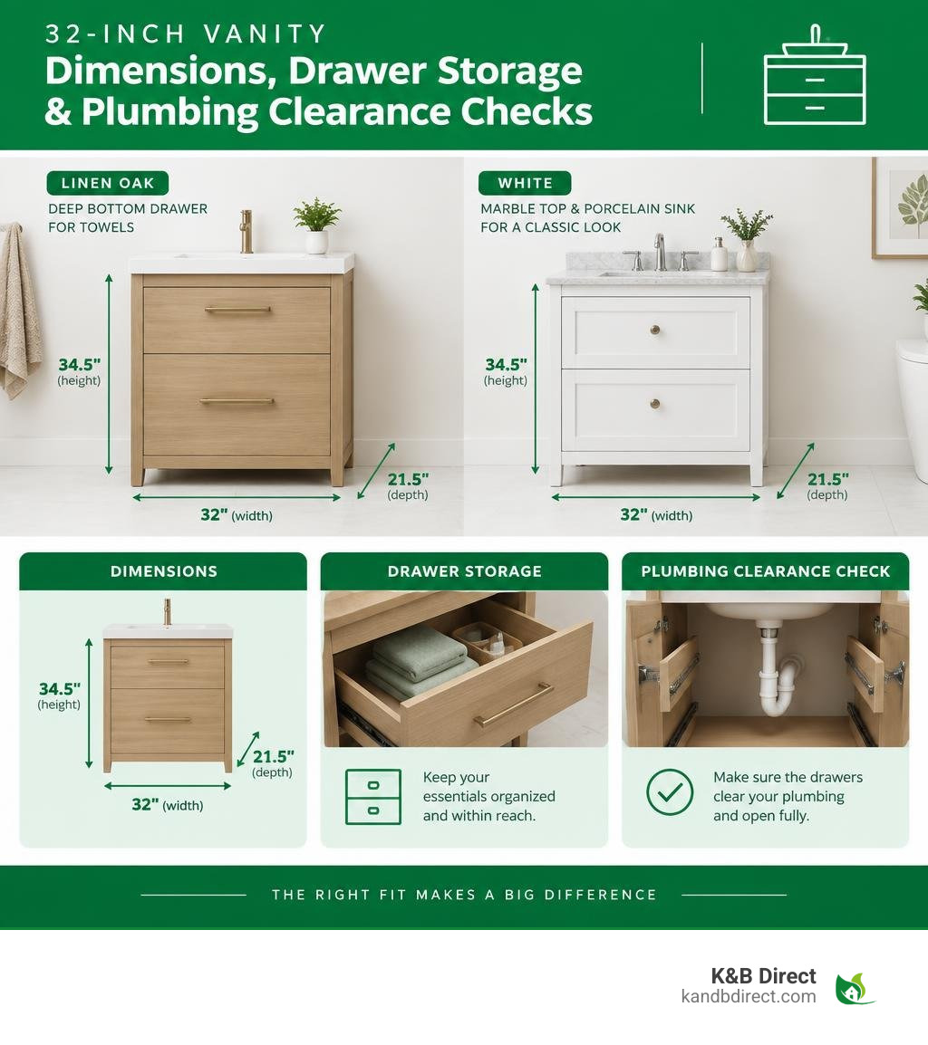 Comparison of 32-inch vanity dimensions, drawer storage, and plumbing clearance checks infographic Comparison of 32-inch vanity dimensions, drawer storage, and plumbing clearance checks infographic