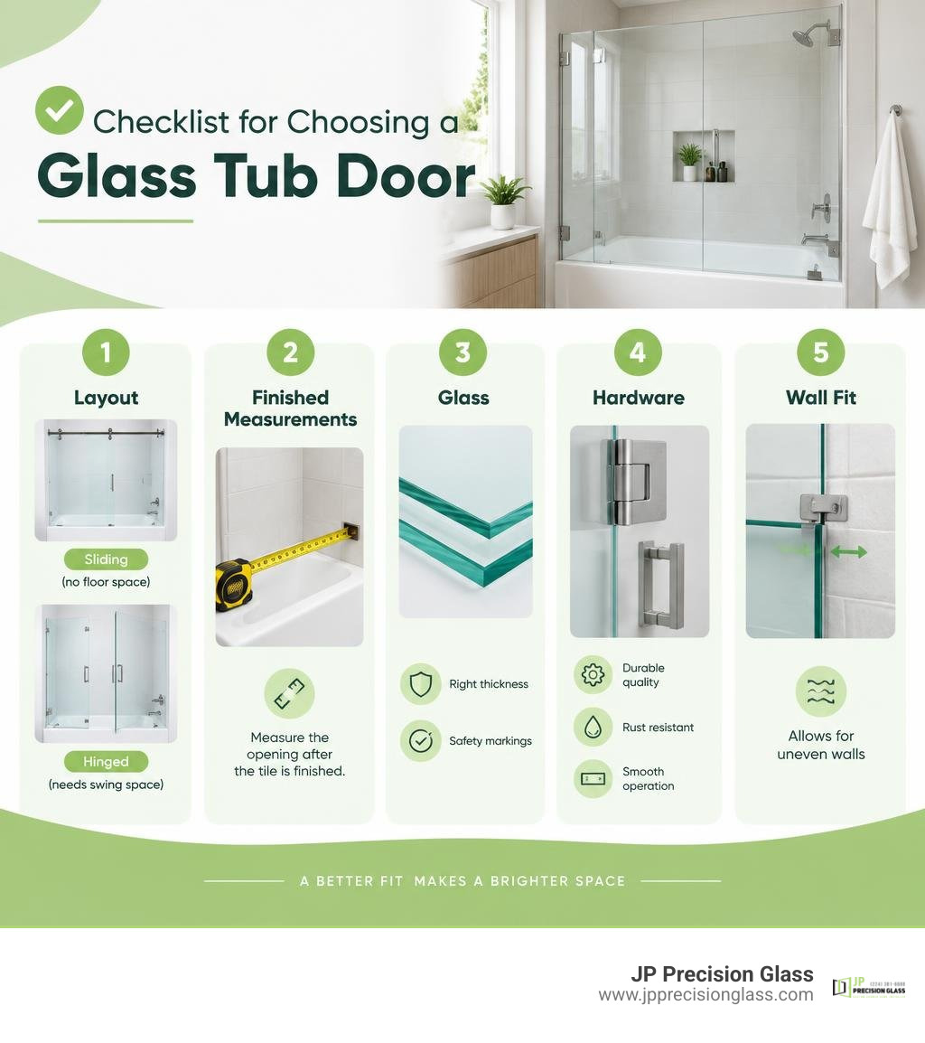 Checklist for choosing a glass tub door: layout, finished measurements, glass, hardware, and wall fit infographic Checklist for choosing a glass tub door: layout, finished measurements, glass, hardware, and wall fit infographic