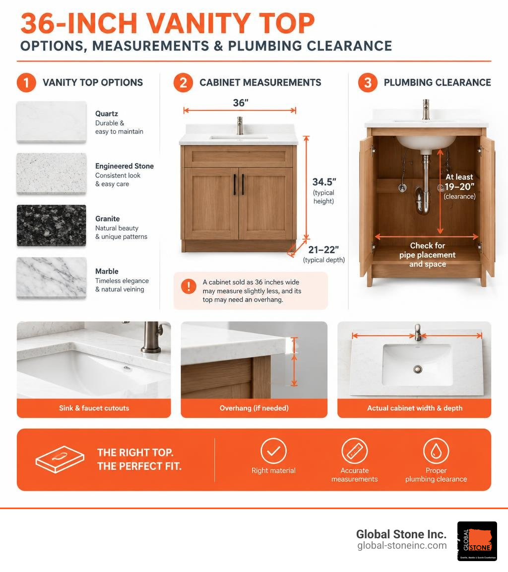 Comparison of 36-inch vanity top options, cabinet measurements, and plumbing clearance infographic