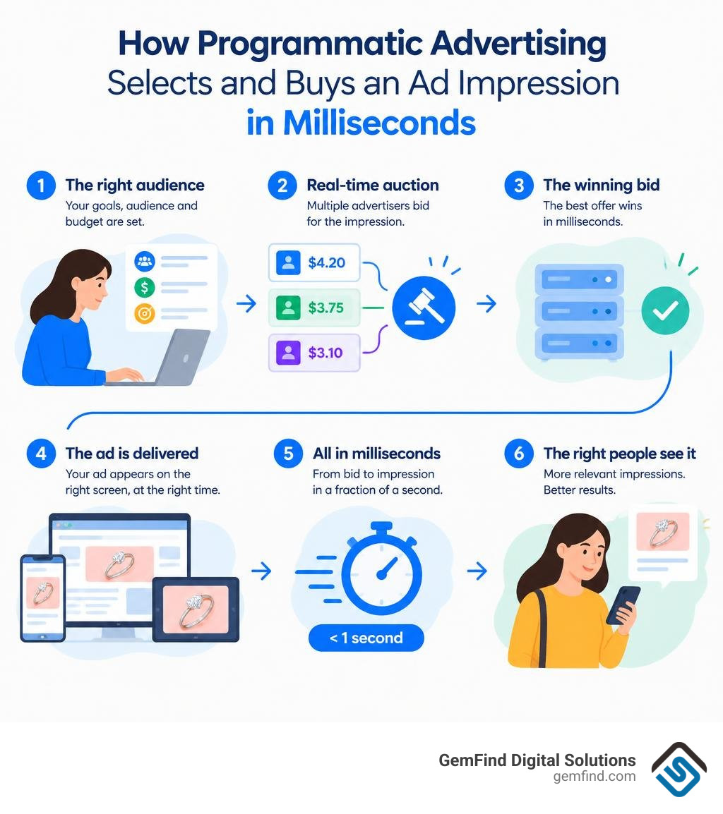 How programmatic advertising selects and buys an ad impression in milliseconds infographic