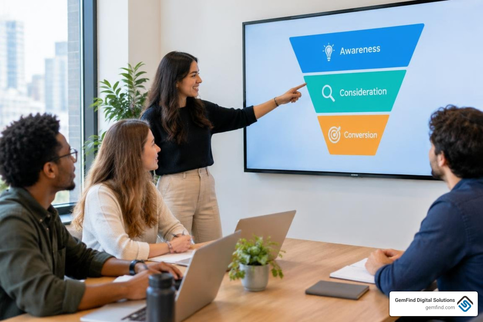 Customer journey targeting funnel showing awareness consideration and conversion tactics