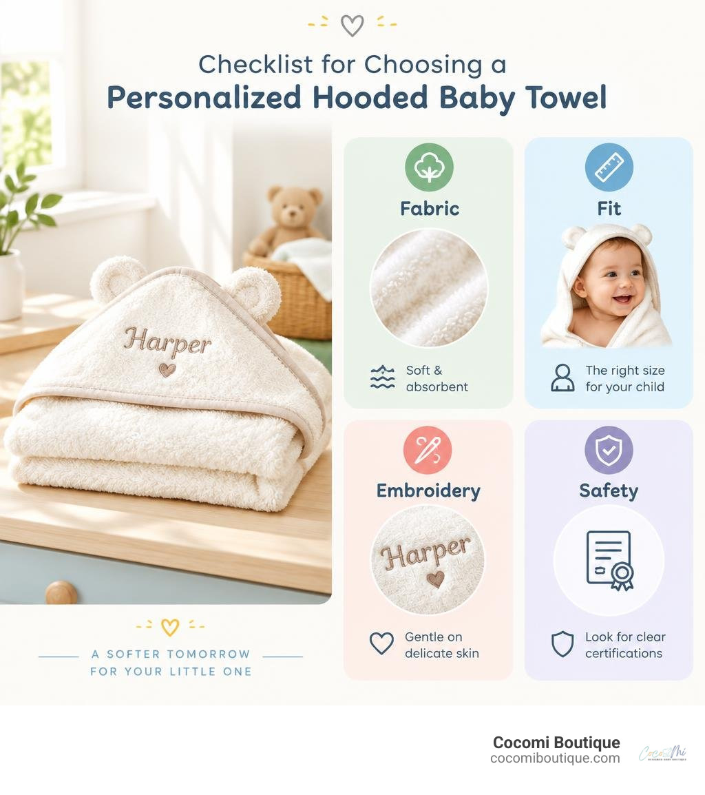 Checklist for choosing a personalized hooded baby towel: fabric, fit, embroidery, and safety infographic