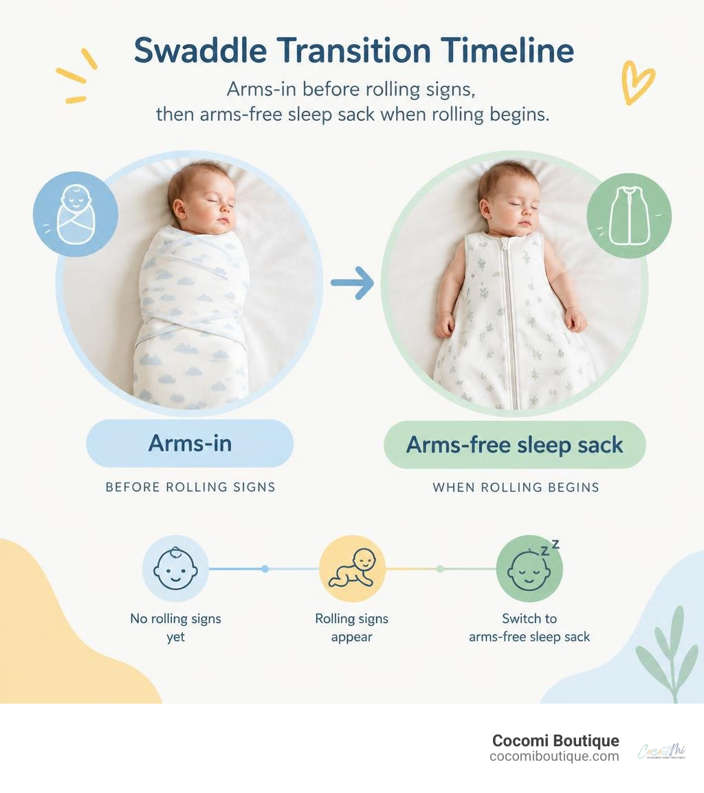Swaddle transition timeline: arms-in before rolling signs, then arms-free sleep sack when rolling begins infographic Swaddle transition timeline: arms-in before rolling signs, then arms-free sleep sack when rolling begins infographic