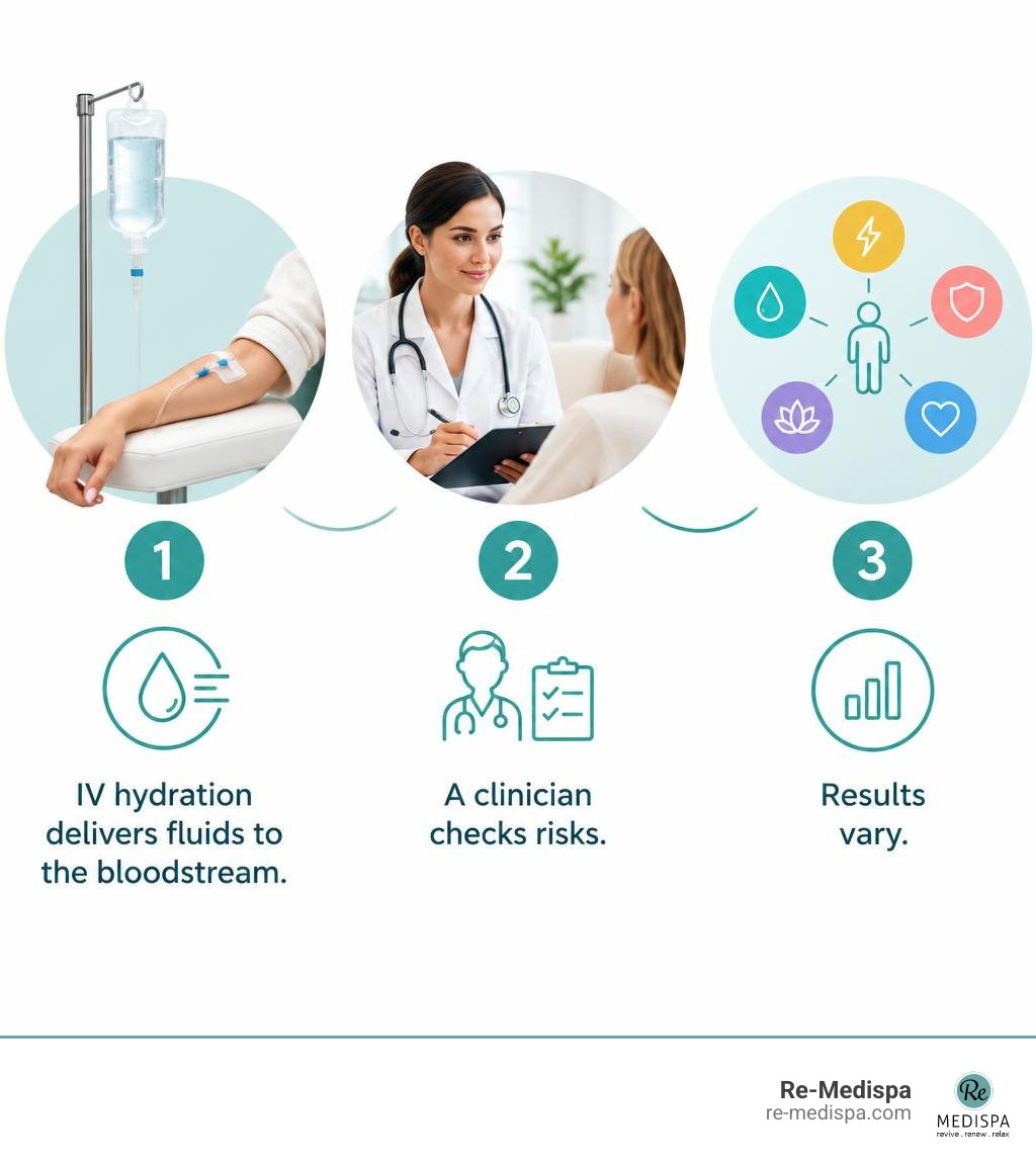 IV hydration delivers fluids to the bloodstream; a clinician checks risks; results vary infographic IV hydration delivers fluids to the bloodstream; a clinician checks risks; results vary infographic